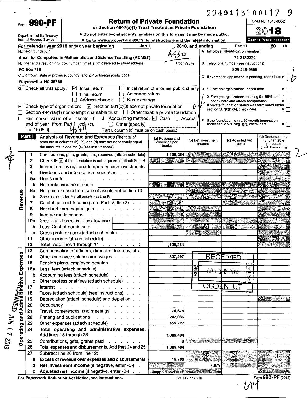 Image of first page of 2018 Form 990PF for Association for Computers in Mathematics and Science Teaching