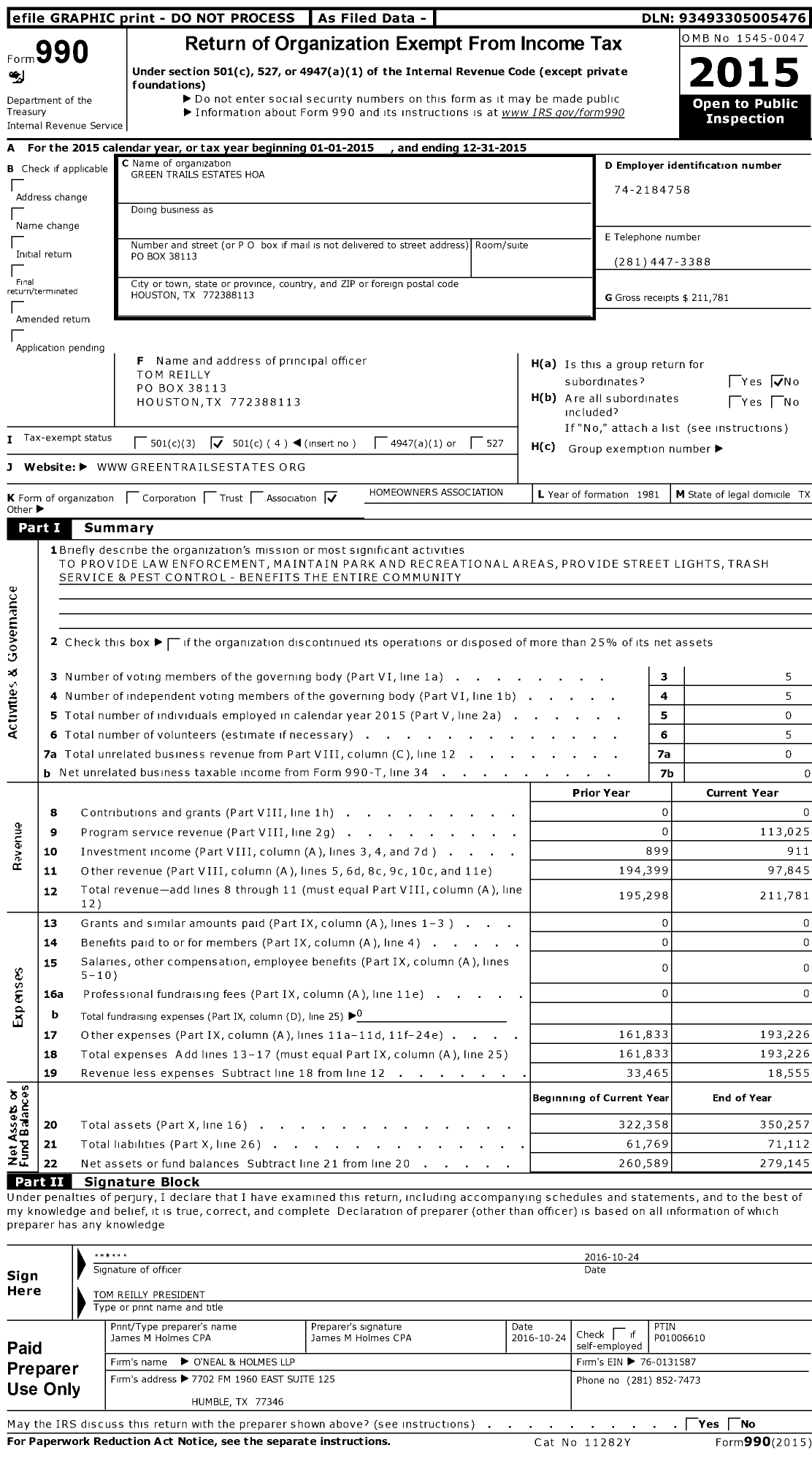 Image of first page of 2015 Form 990O for Green Trails Estates Hoa