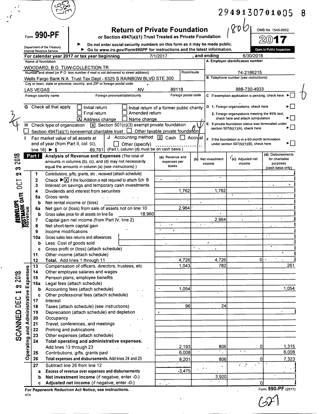 Image of first page of 2017 Form 990PF for Woodard BG Tuw-Collection Trust