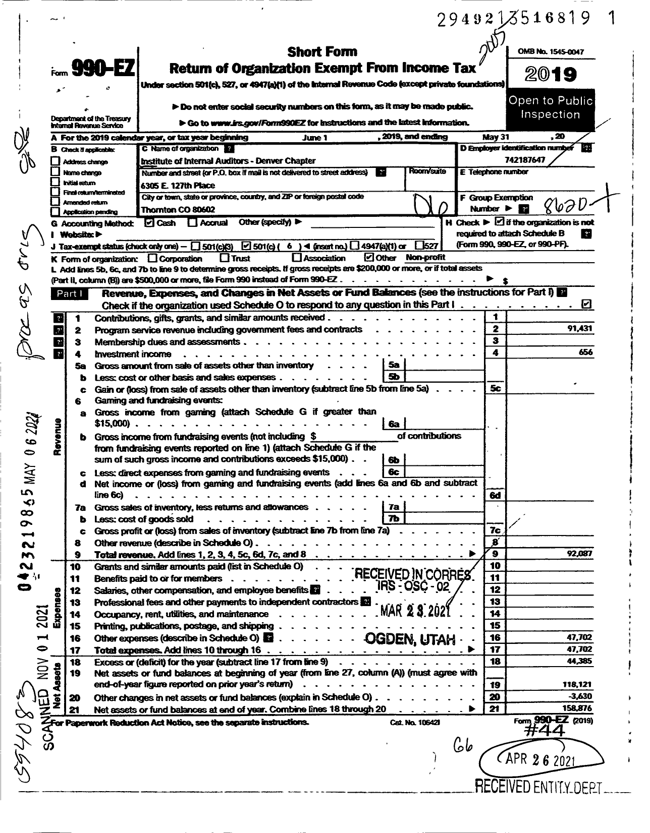 Image of first page of 2020 Form 990EO for Institute of Internal Auditors / Denver Chapter