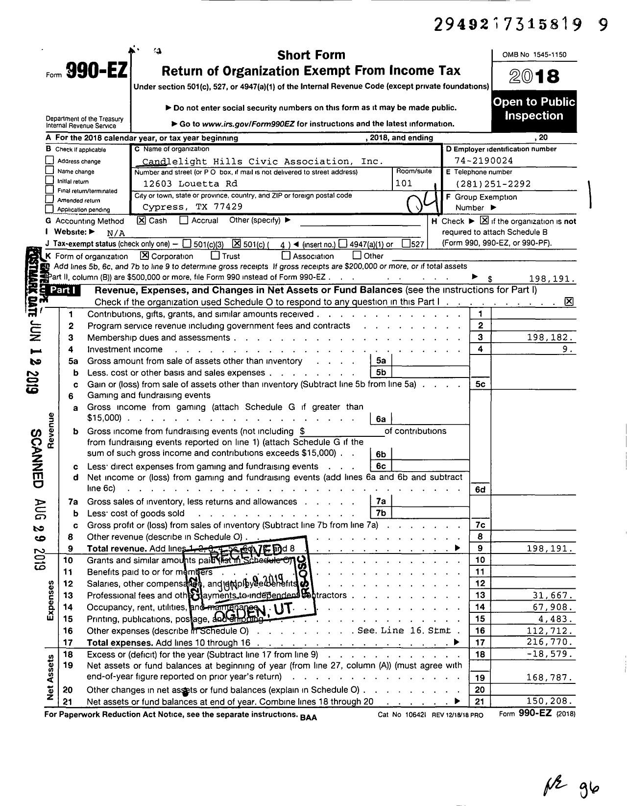 Image of first page of 2018 Form 990EO for Candlelight Hills Civic Association