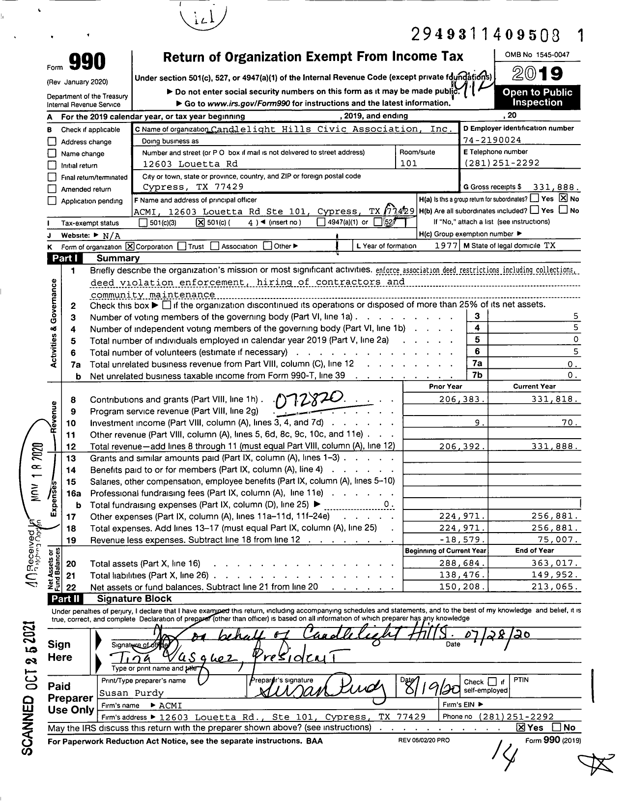 Image of first page of 2019 Form 990O for Candlelight Hills Civic Association