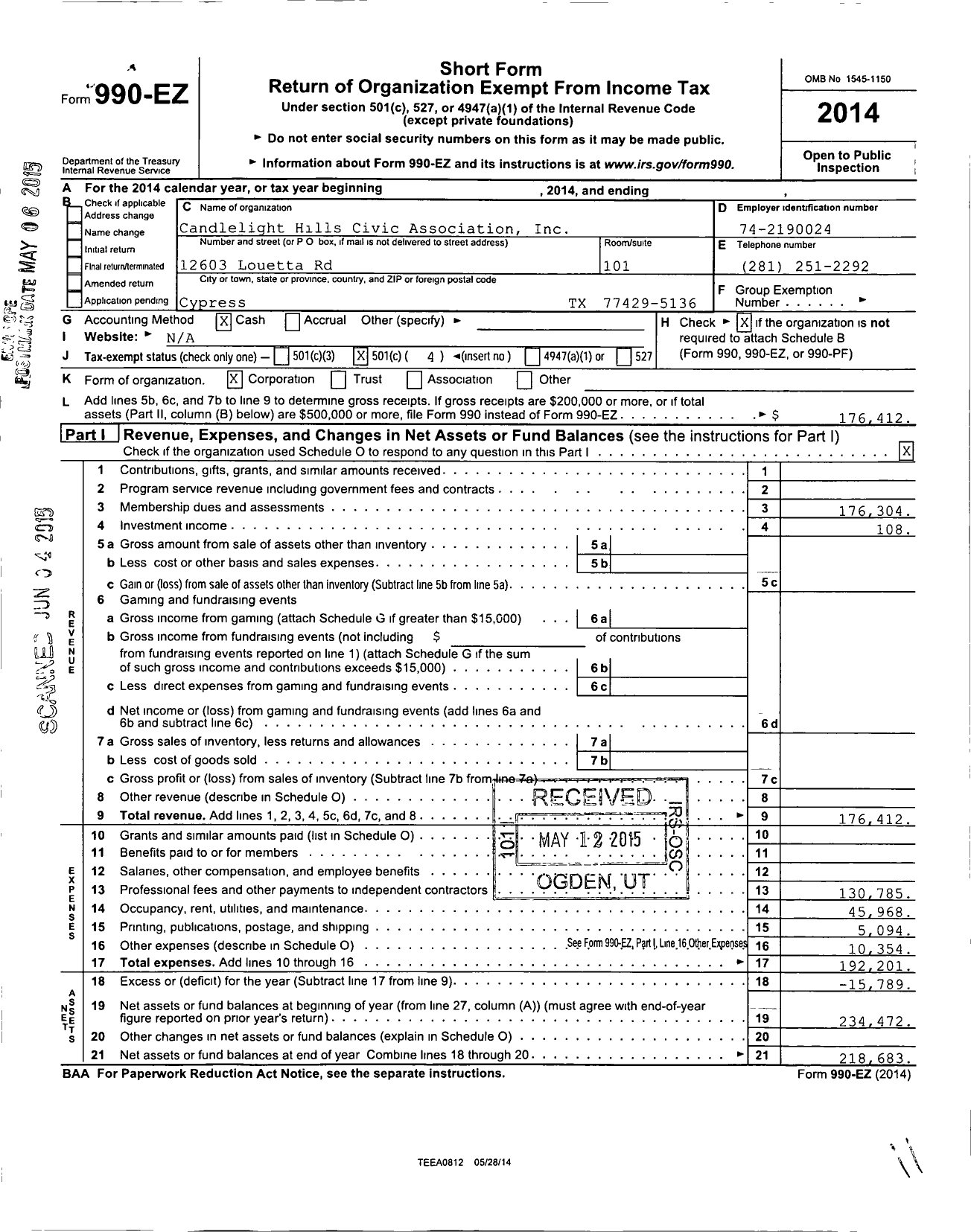 Image of first page of 2014 Form 990EO for Candlelight Hills Civic Association