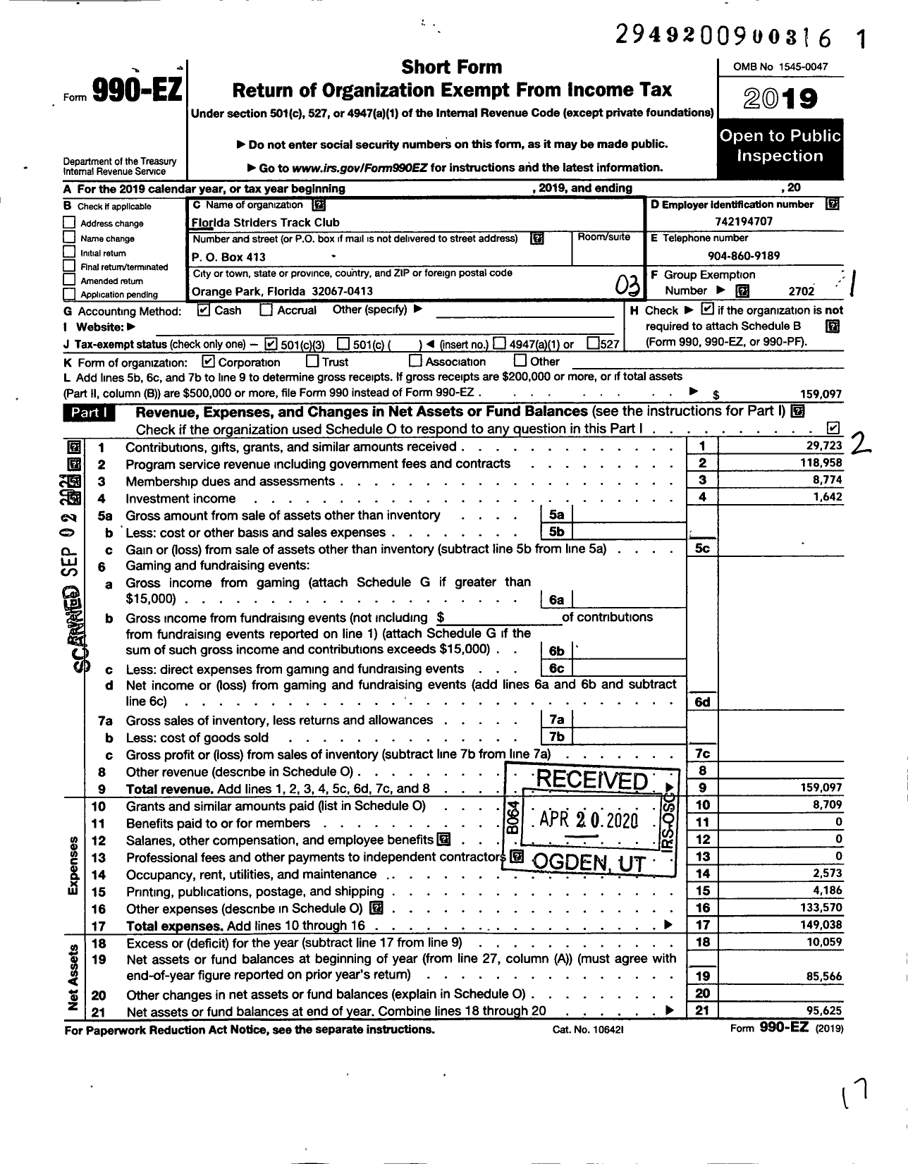 Image of first page of 2019 Form 990EZ for Florida Striders Track Club