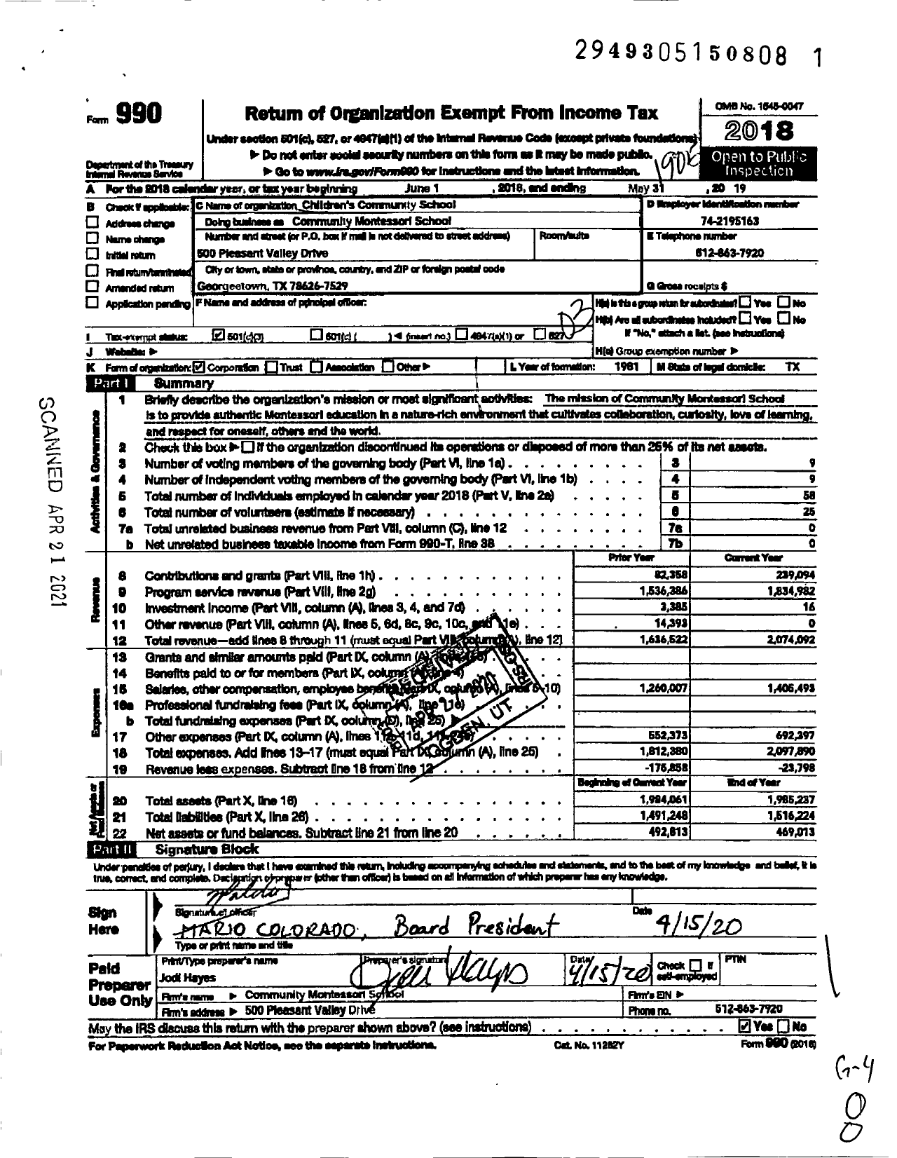 Image of first page of 2018 Form 990 for Community Montessori School / Childrens Community School Inc