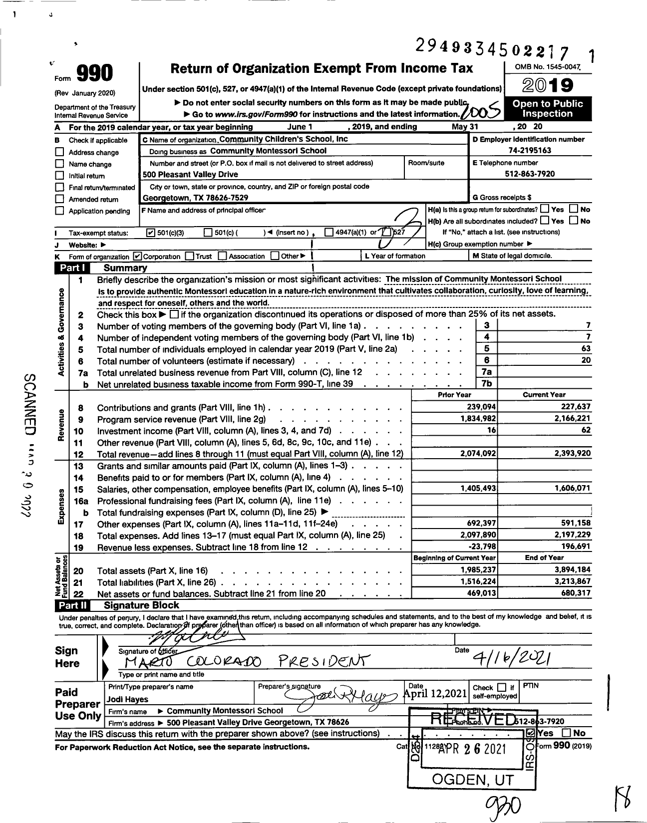 Image of first page of 2019 Form 990 for Community Montessori School / Childrens Community School Inc