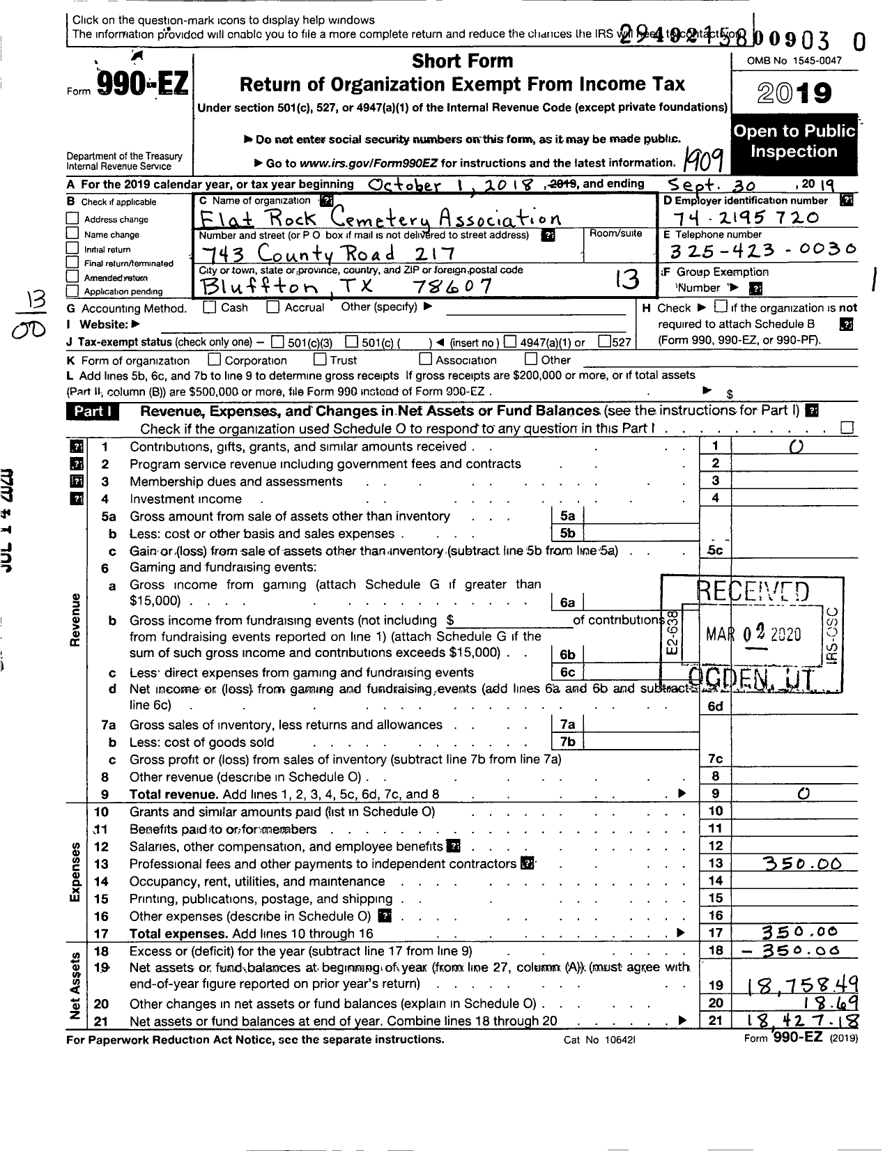 Image of first page of 2018 Form 990EO for Flat Rock Cemetery Association