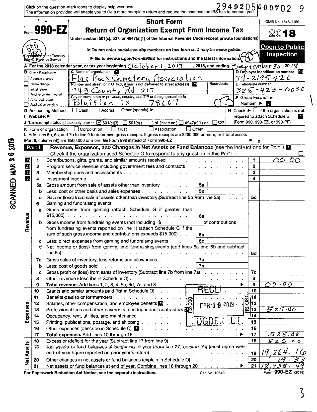 Image of first page of 2017 Form 990EZ for Flat Rock Cemetery Association