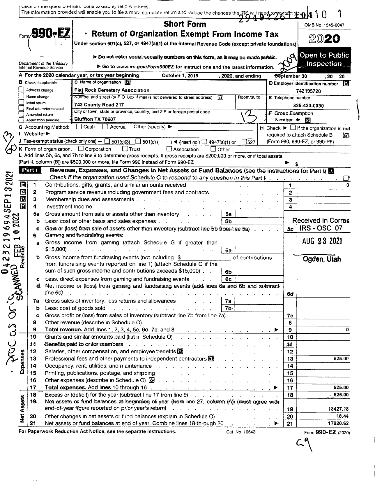 Image of first page of 2019 Form 990EO for Flat Rock Cemetery Association