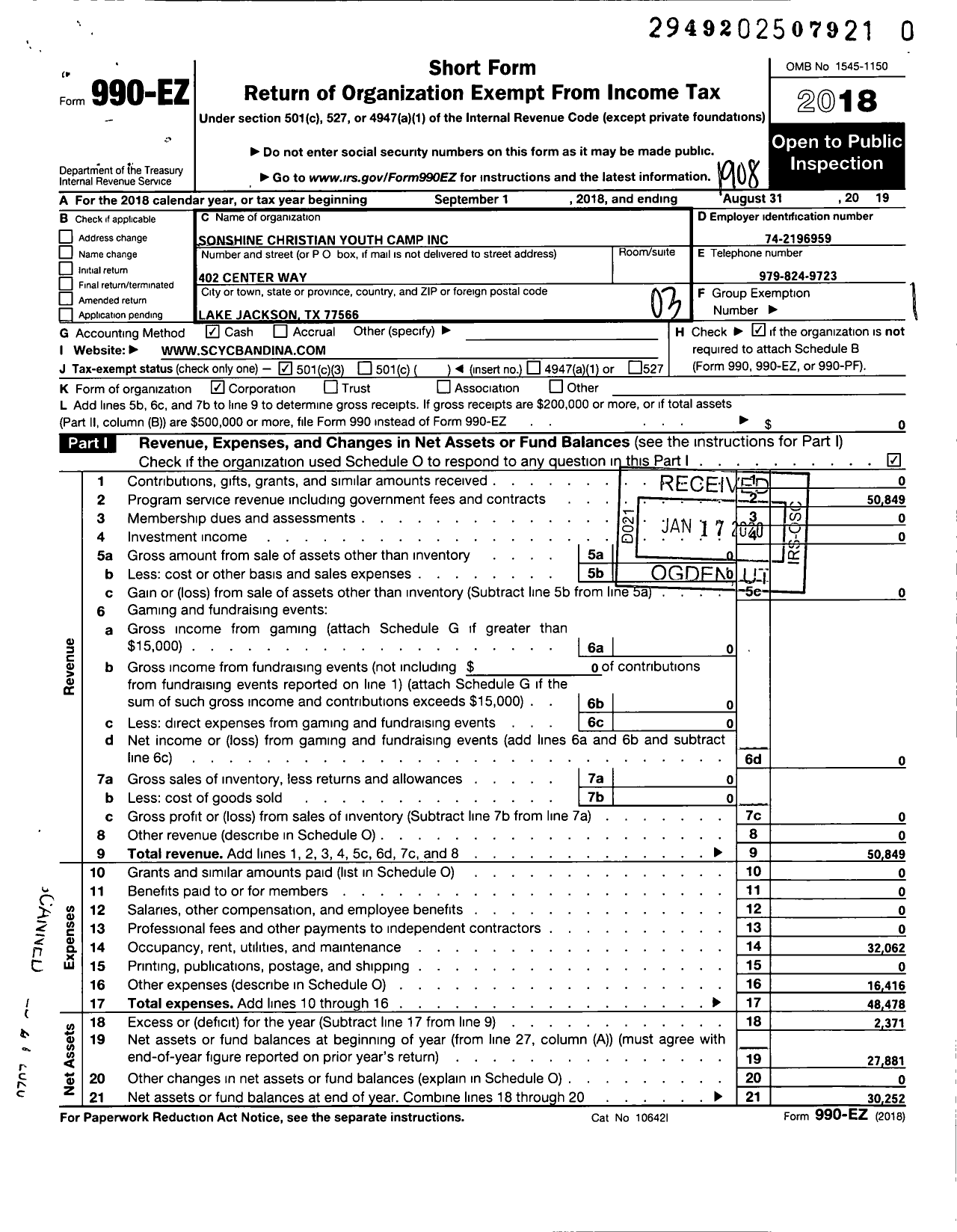 Image of first page of 2018 Form 990EZ for Sonshine Christian Youth Camp