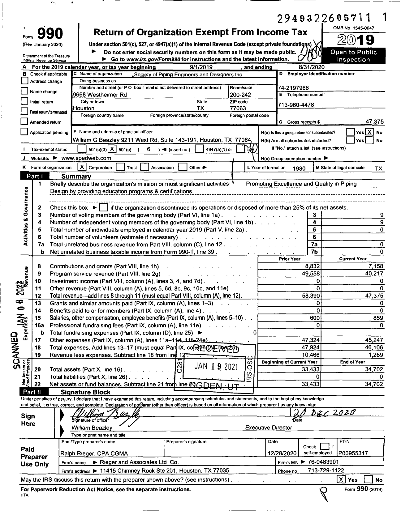 Image of first page of 2019 Form 990O for Society of Piping Engineers and Designers