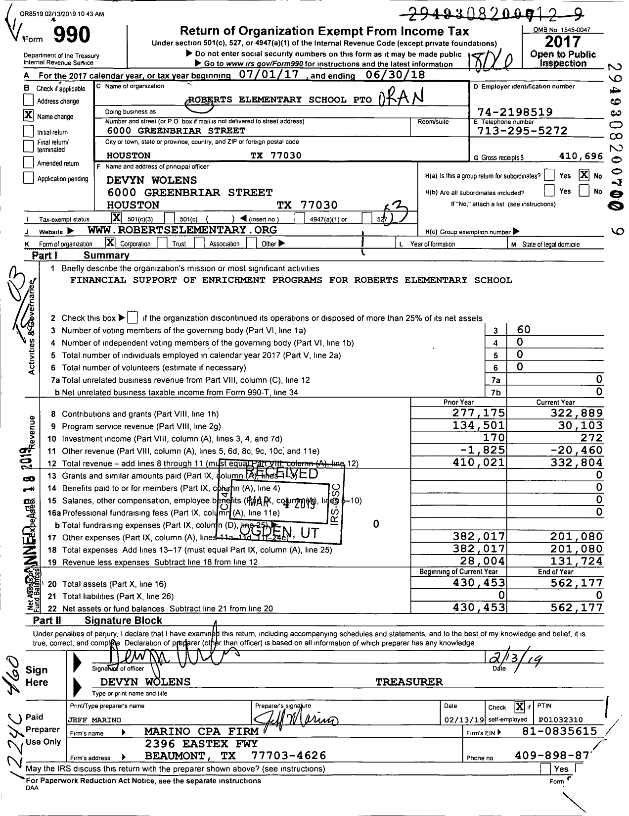 Image of first page of 2017 Form 990 for Oran Roberts Elementary School Pto