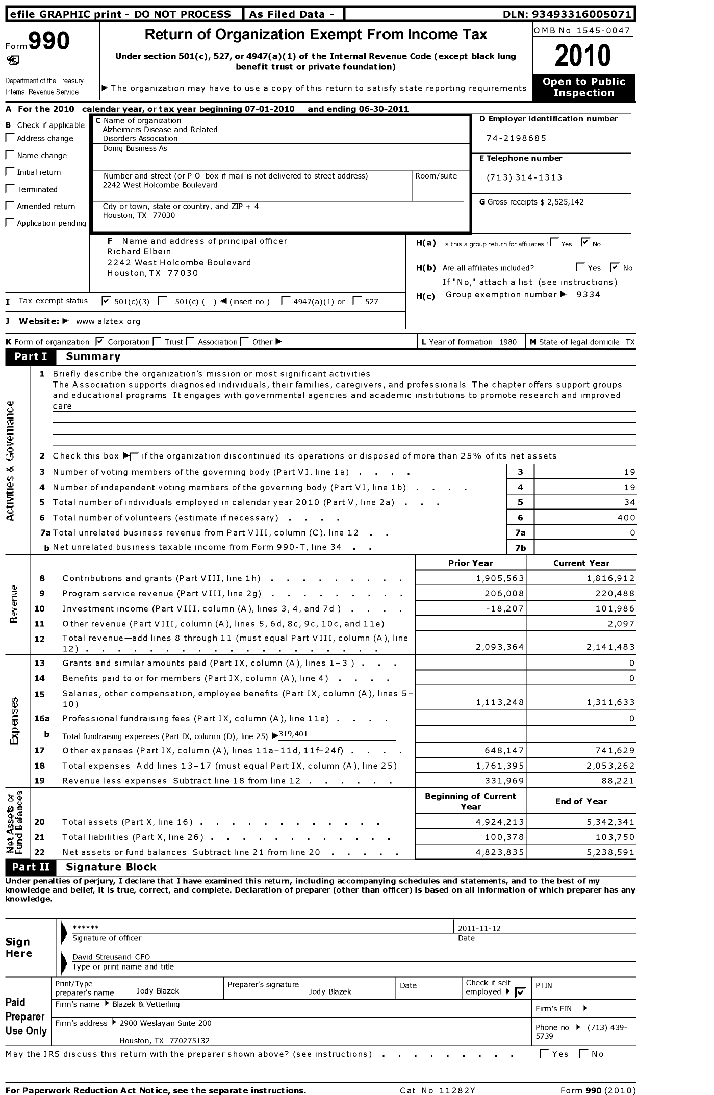 Image of first page of 2010 Form 990 for Alzheimer's Association - Houston & Southeast Texas Chapter