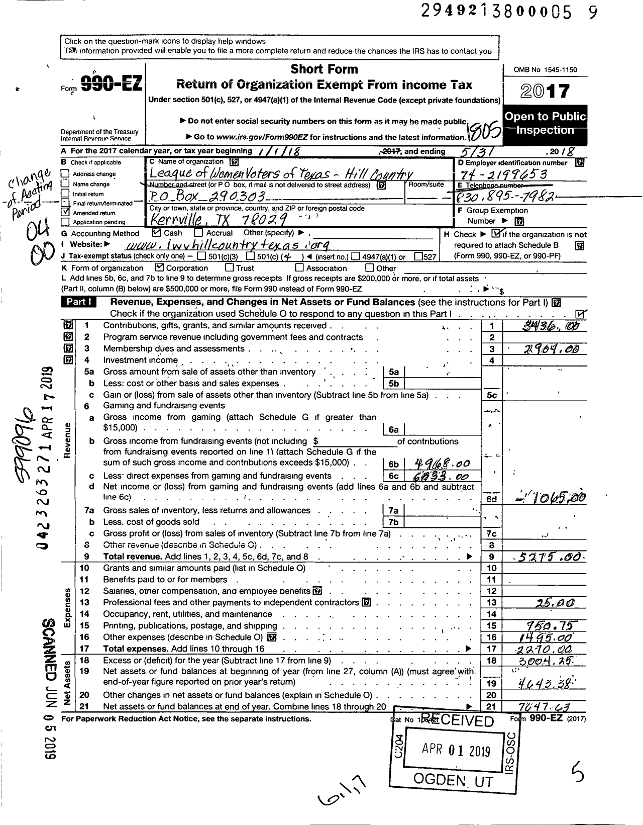 Image of first page of 2017 Form 990EO for League of Women Voters-Hill Country Texas