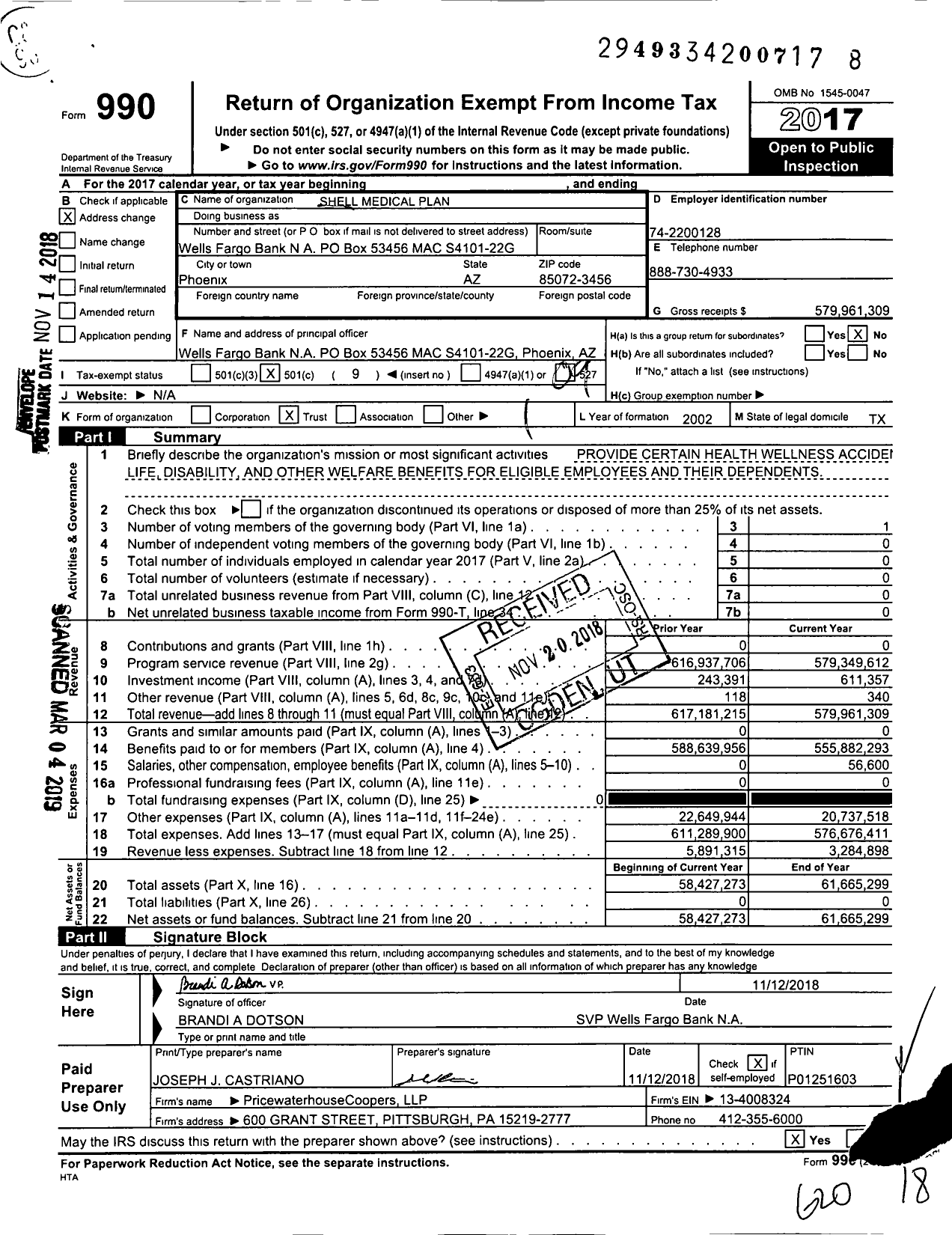 Image of first page of 2017 Form 990O for Shell Medical Plan