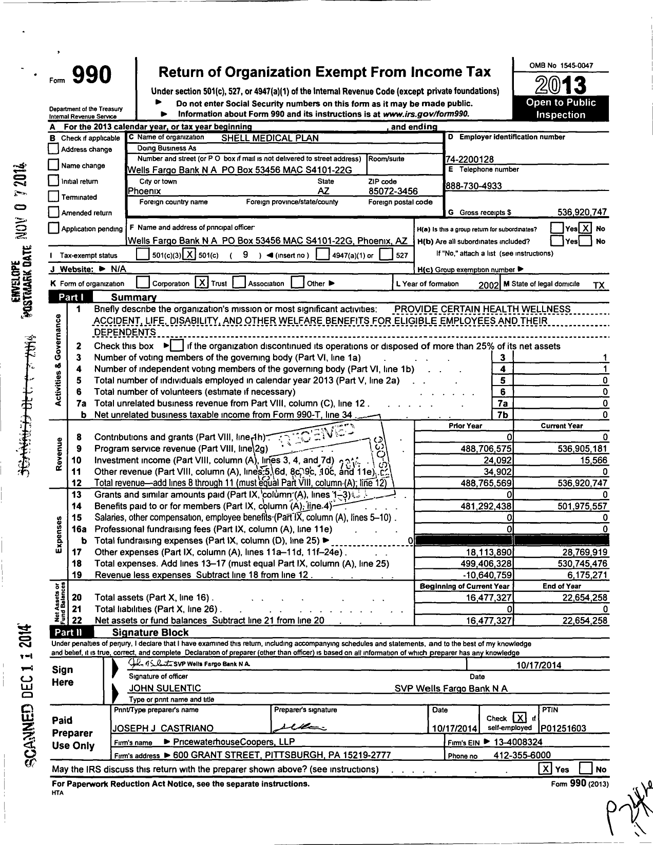Image of first page of 2013 Form 990O for Shell Medical Plan