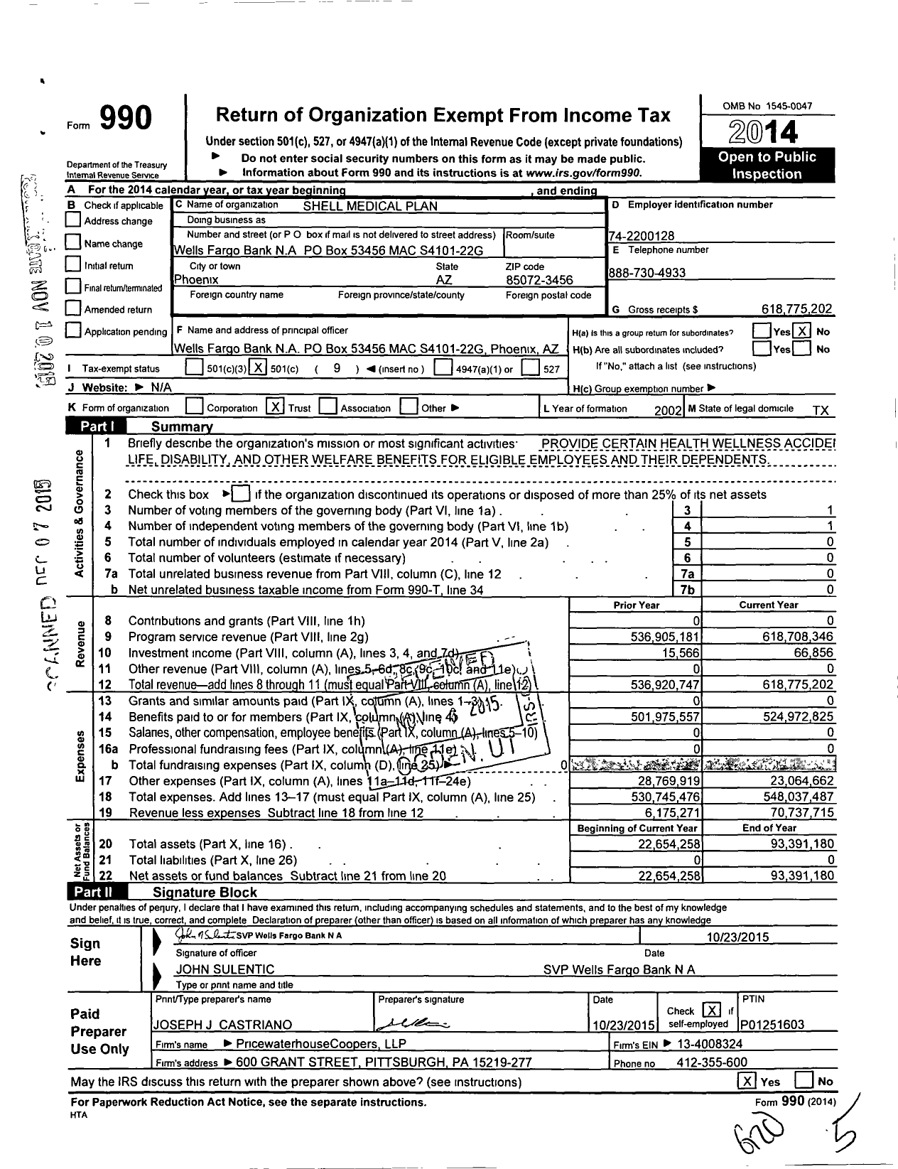 Image of first page of 2014 Form 990O for Shell Medical Plan