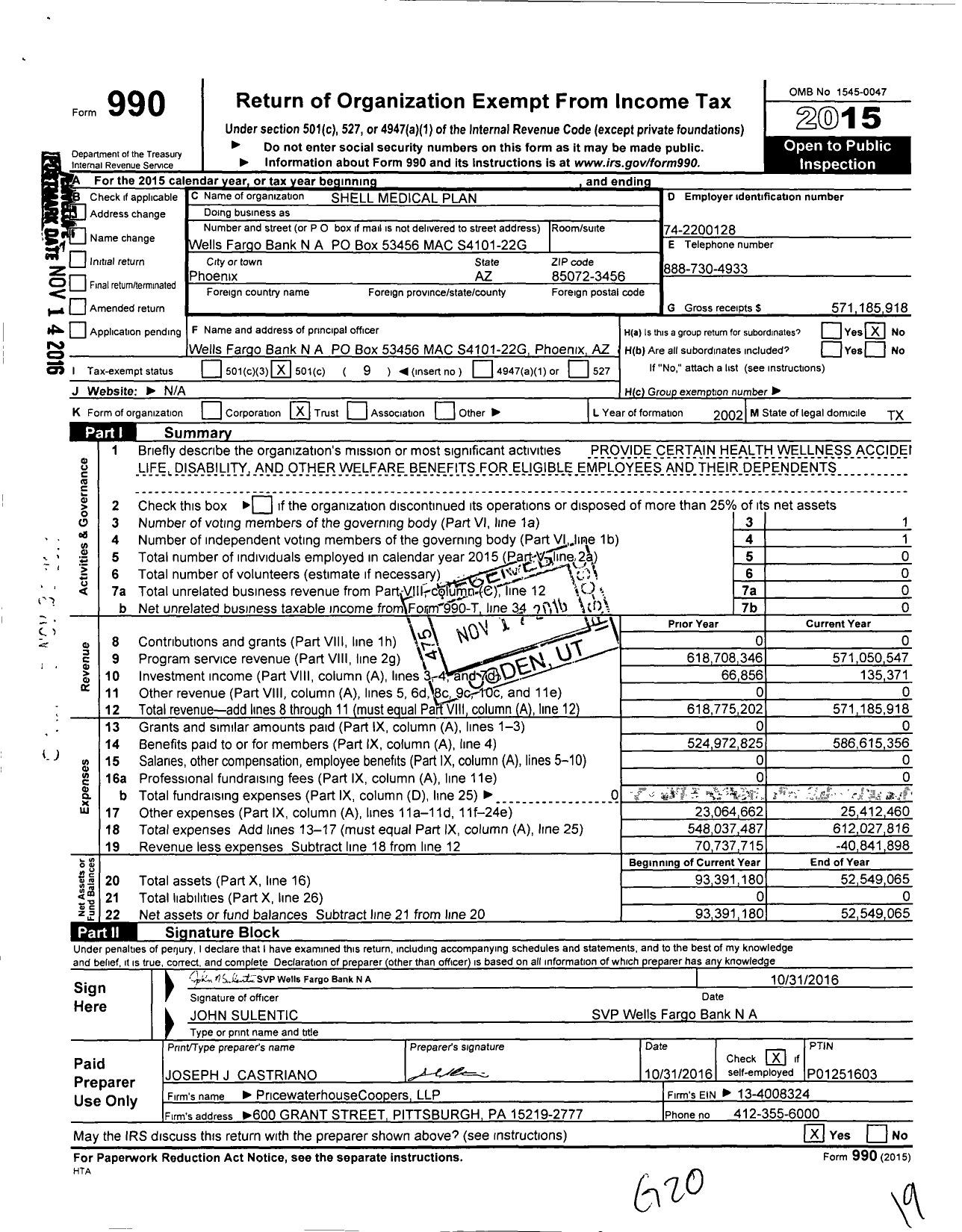 Image of first page of 2015 Form 990O for Shell Medical Plan
