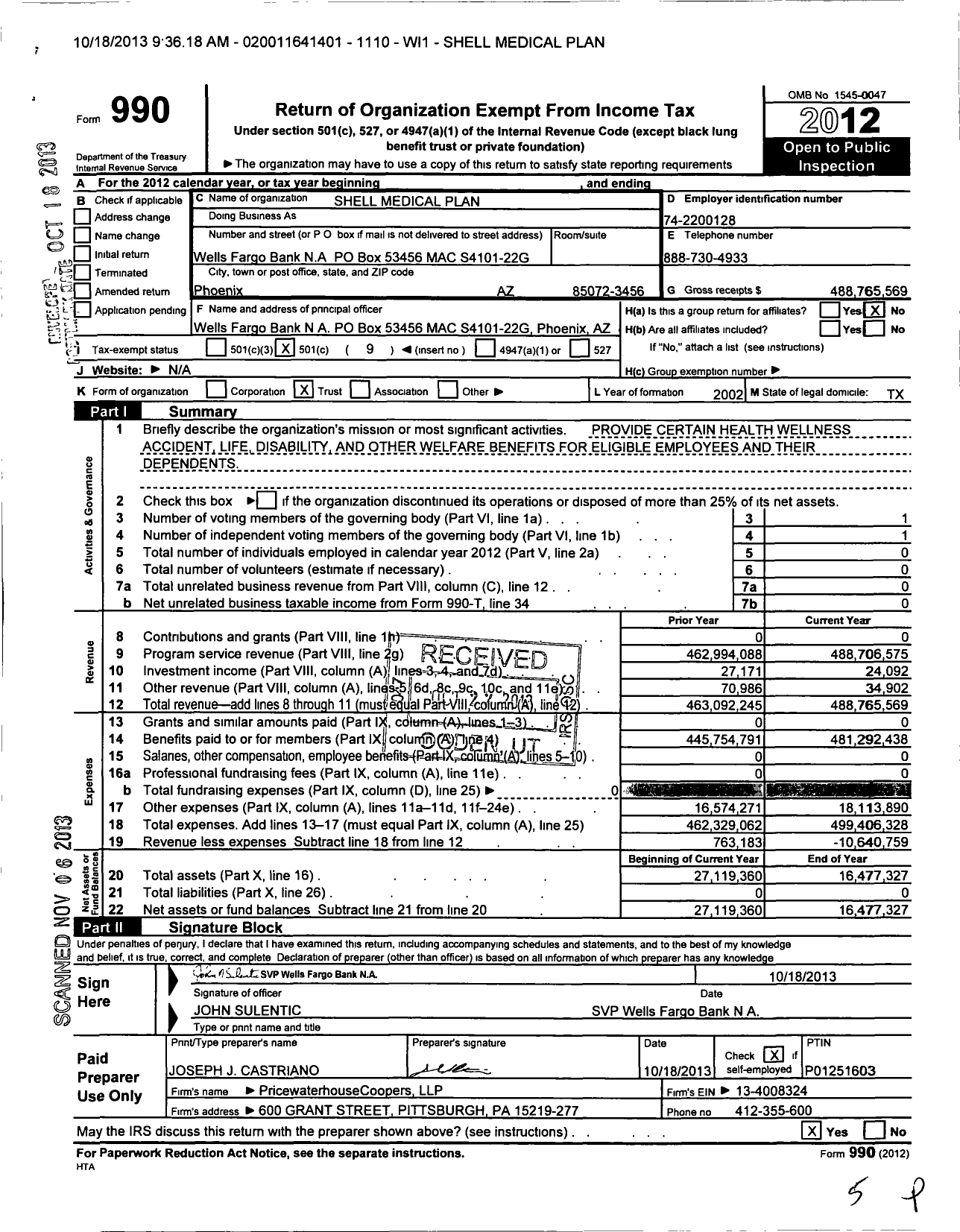 Image of first page of 2012 Form 990O for Shell Medical Plan