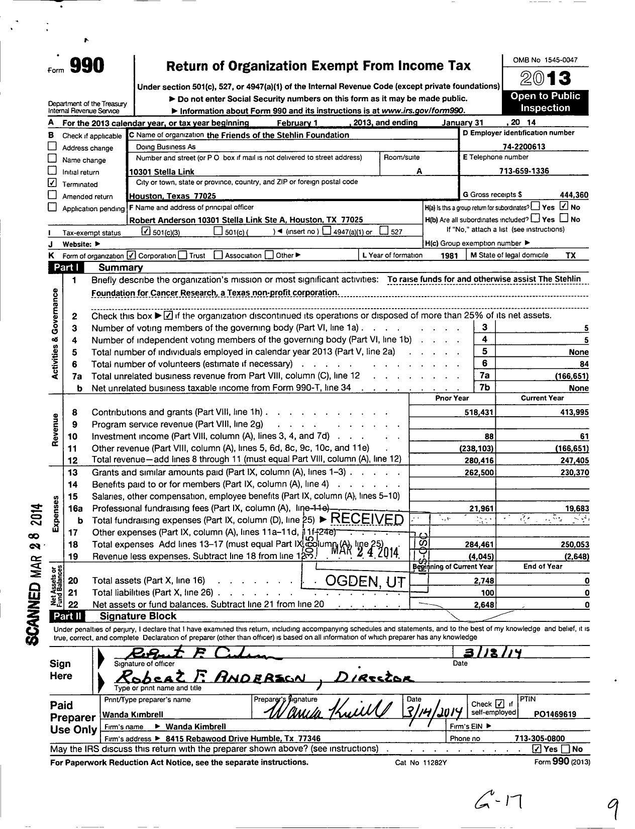 Image of first page of 2013 Form 990 for Friends of the Stenlin Foundation