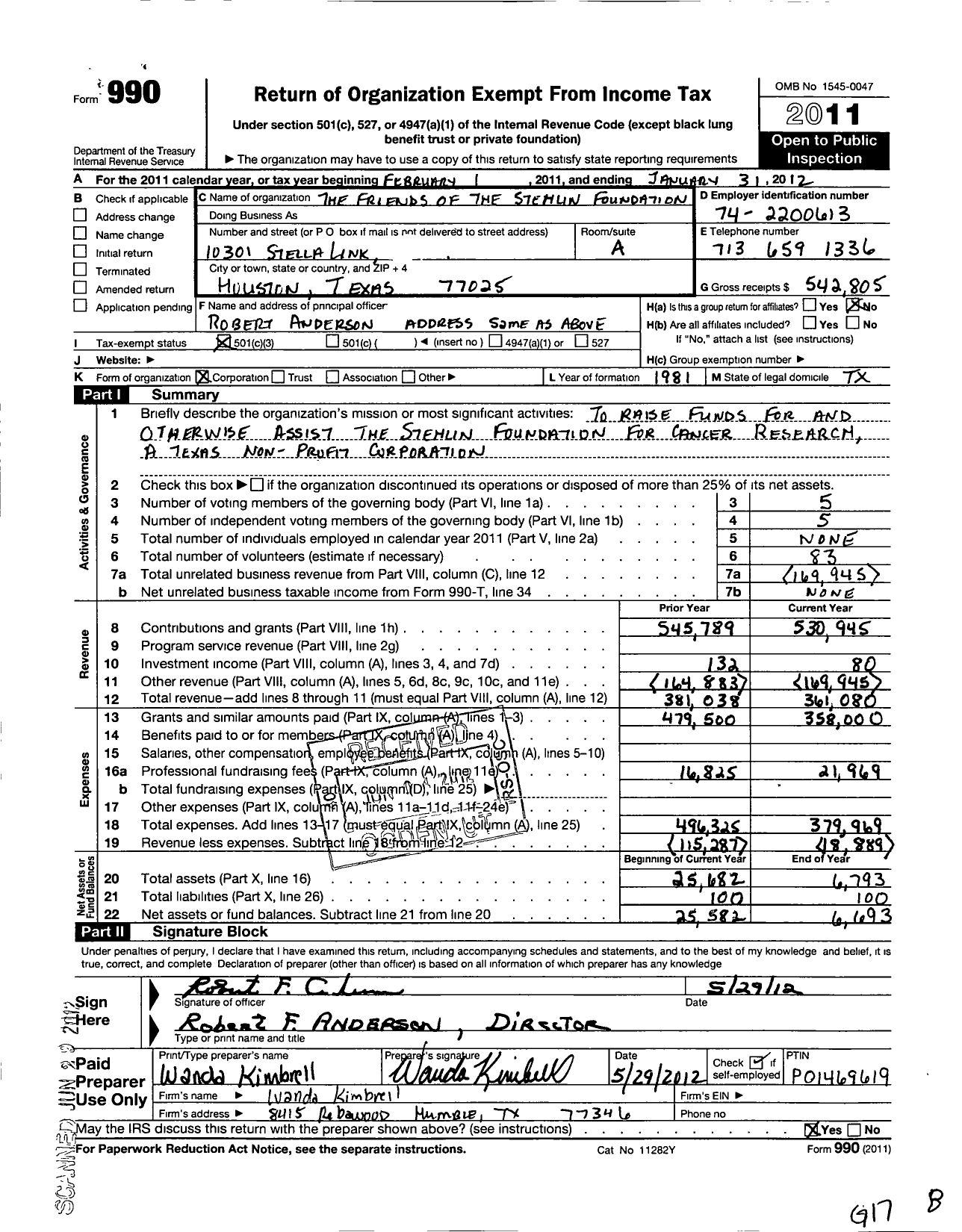 Image of first page of 2011 Form 990 for Friends of the Stenlin Foundation