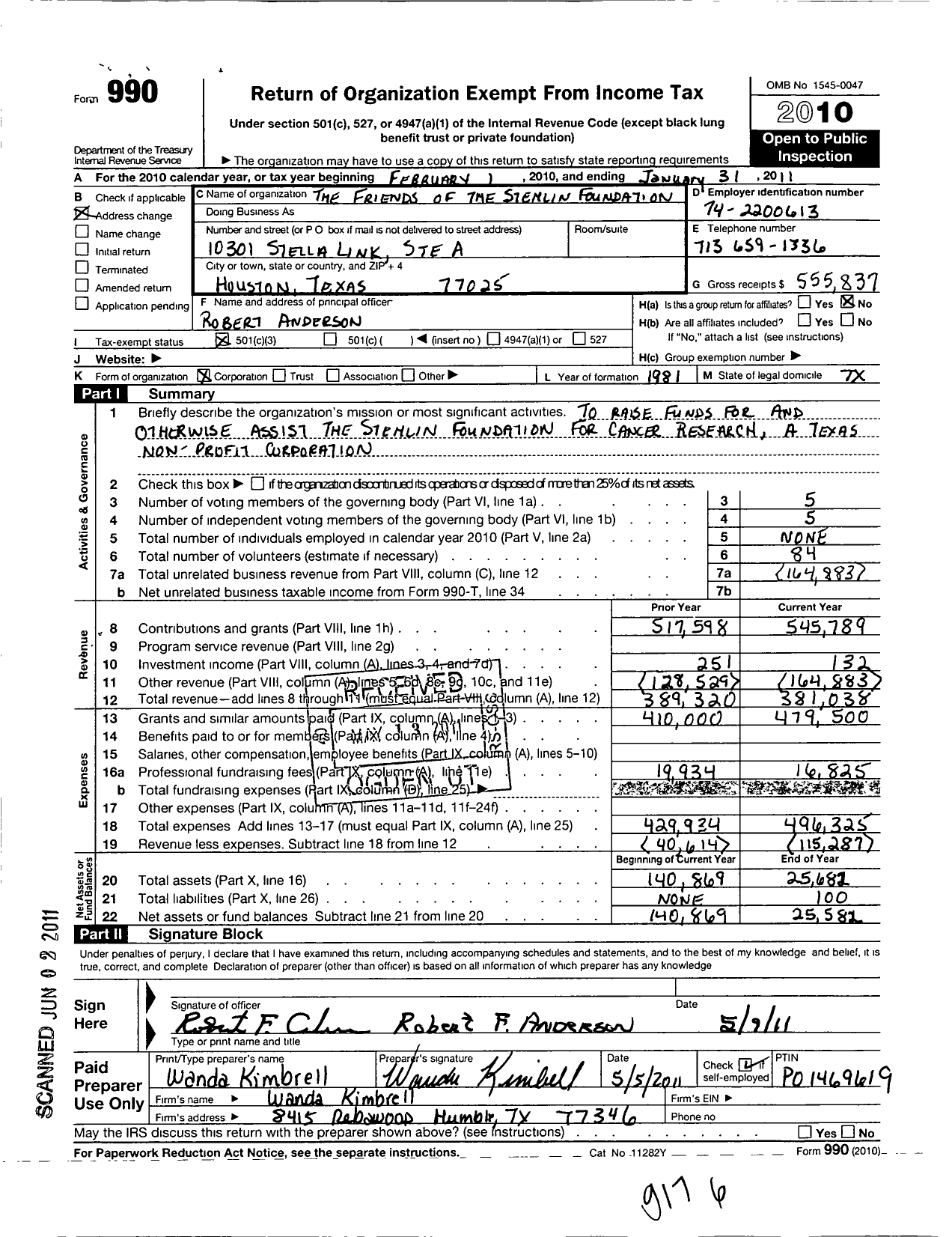 Image of first page of 2010 Form 990 for Friends of the Stenlin Foundation