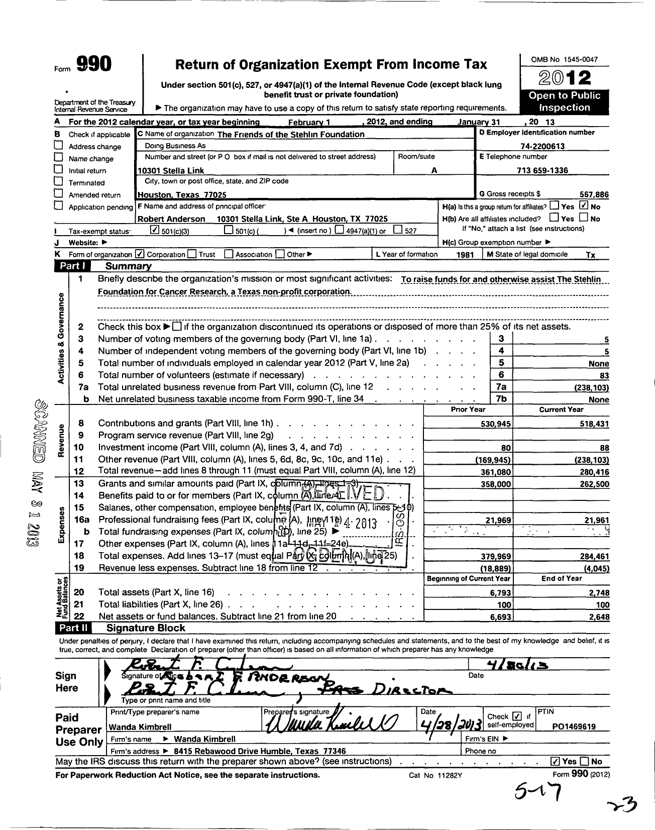 Image of first page of 2012 Form 990 for Friends of the Stenlin Foundation