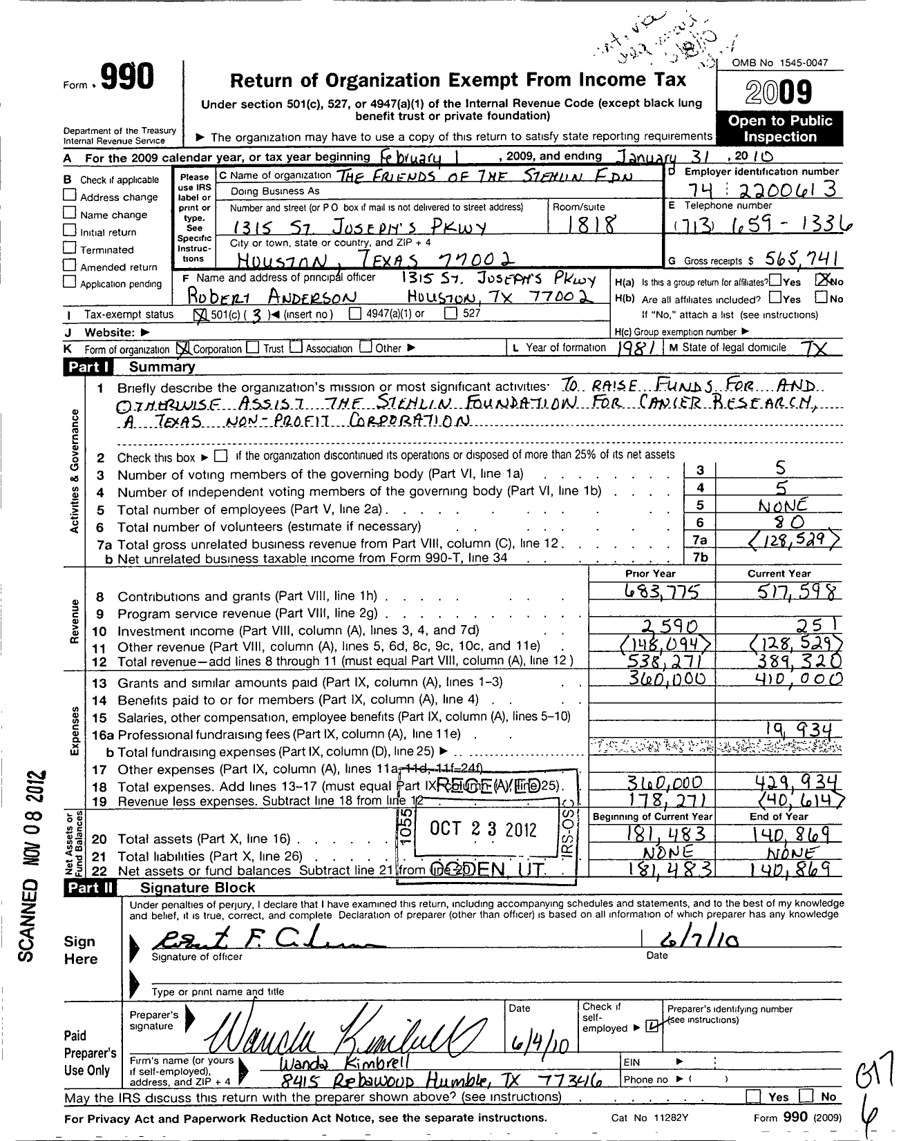 Image of first page of 2009 Form 990 for Friends of the Stenlin Foundation