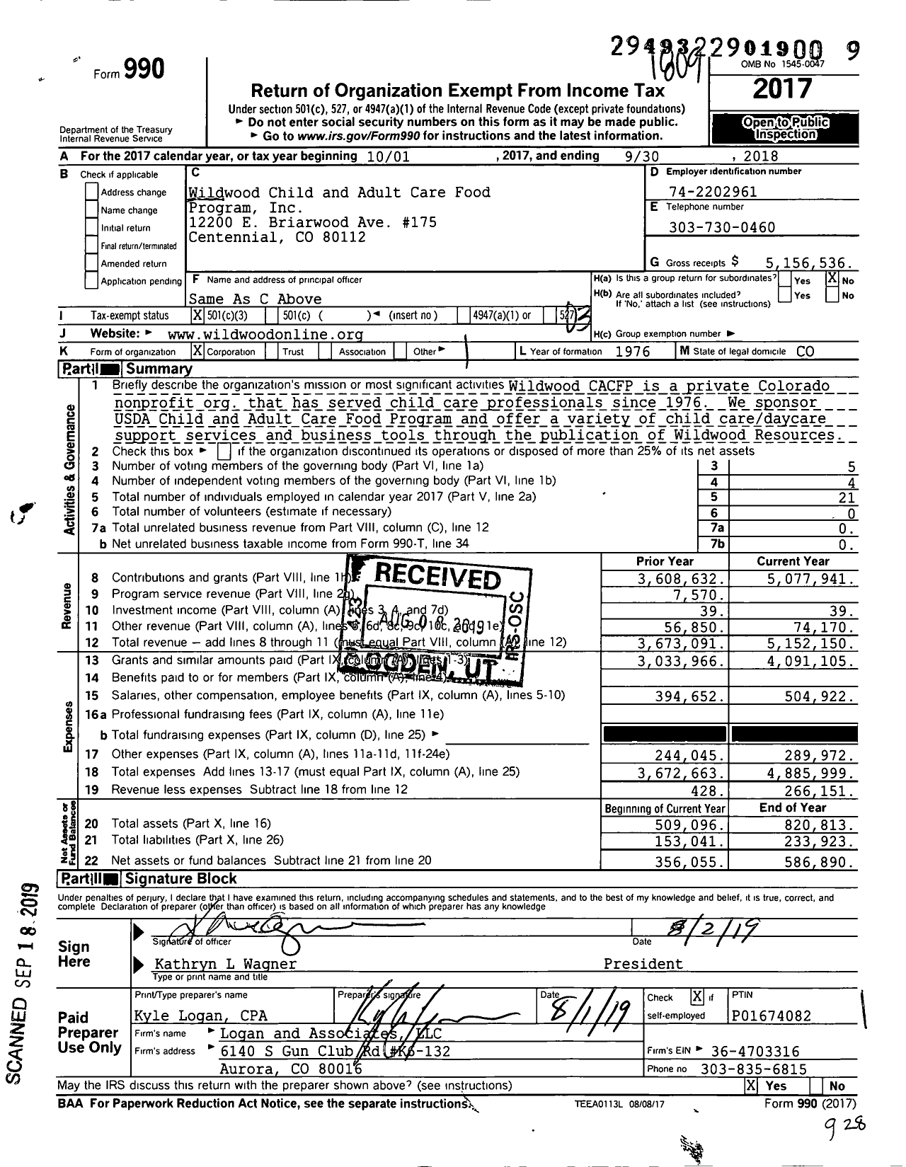 Image of first page of 2017 Form 990 for Wildwood Child and Adult Care Food Program