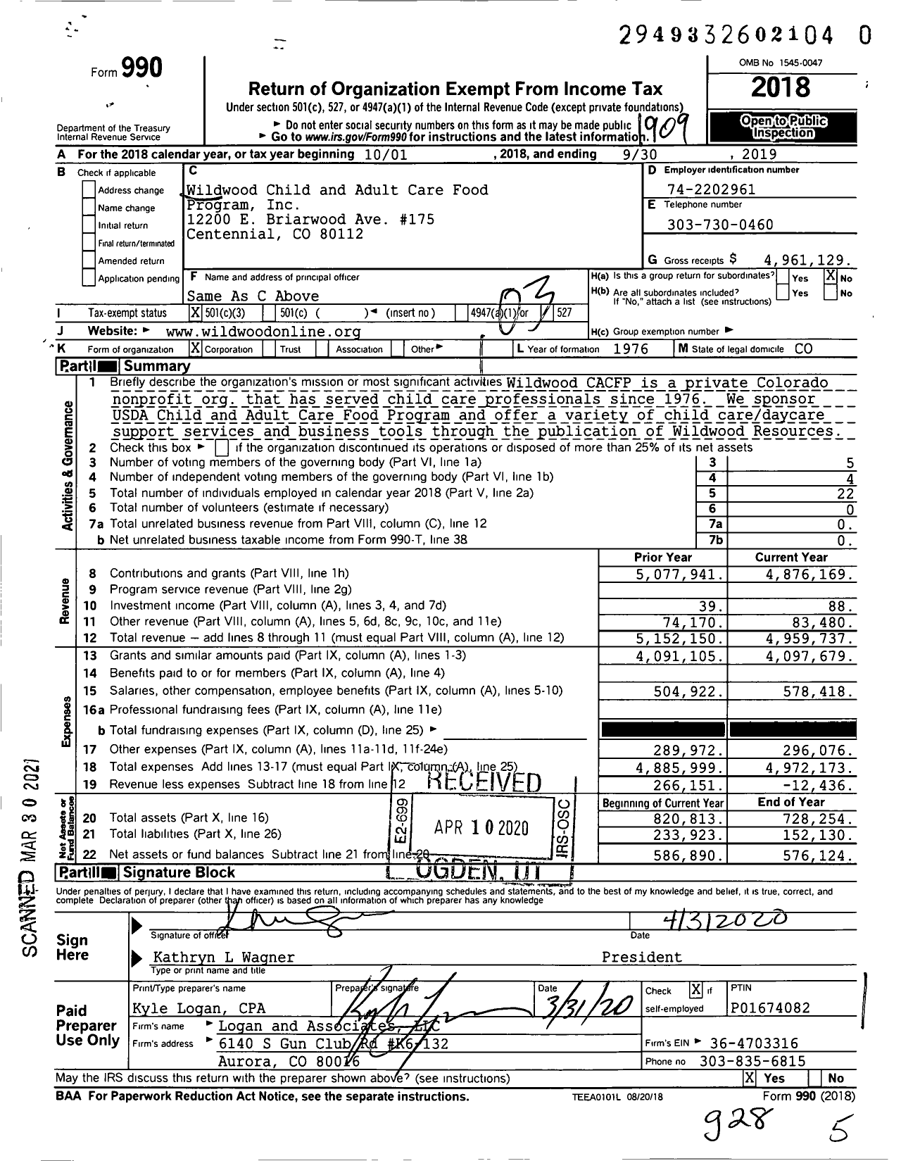 Image of first page of 2018 Form 990 for Wildwood Child and Adult Care Food Program