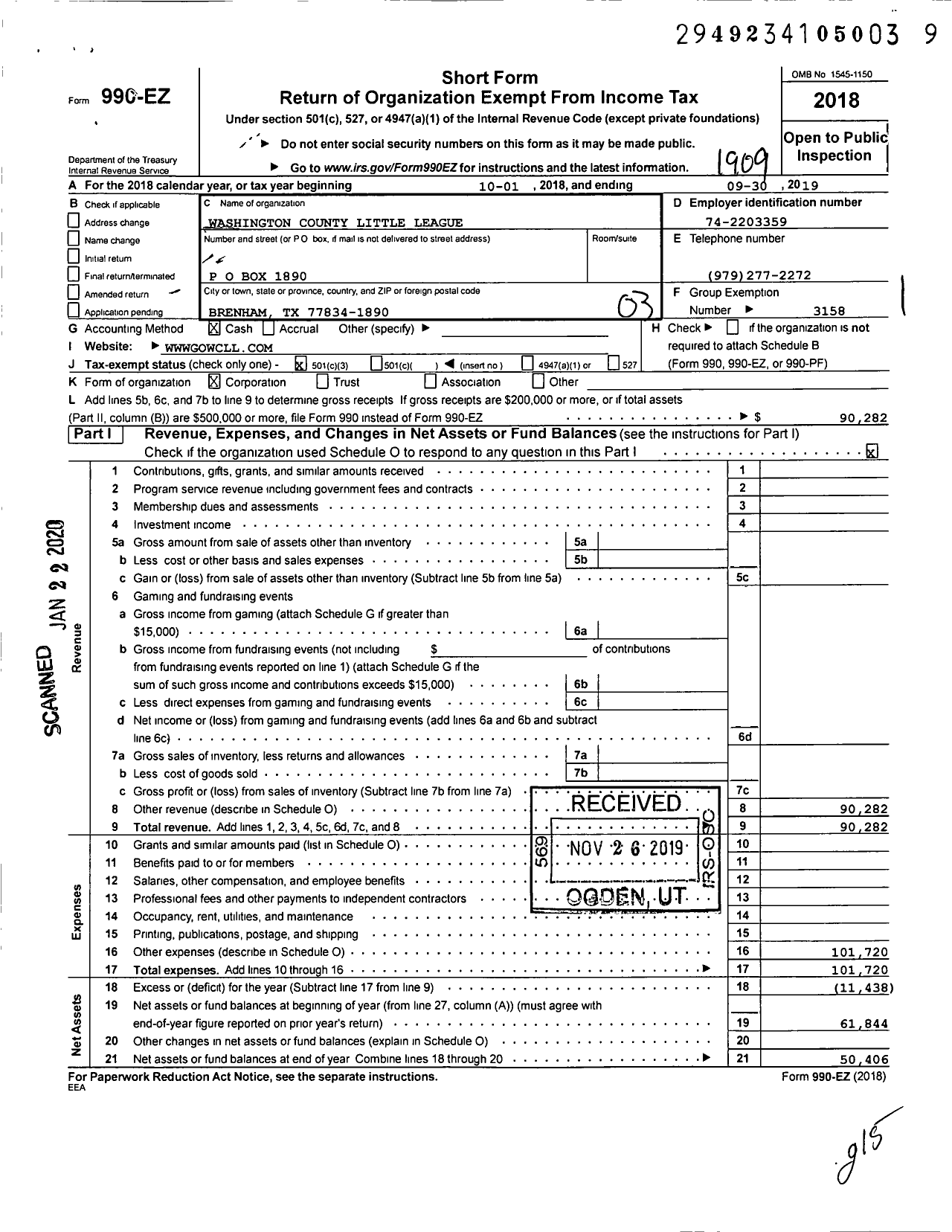 Image of first page of 2018 Form 990EZ for Little League Baseball - 3431302 Washington County LL