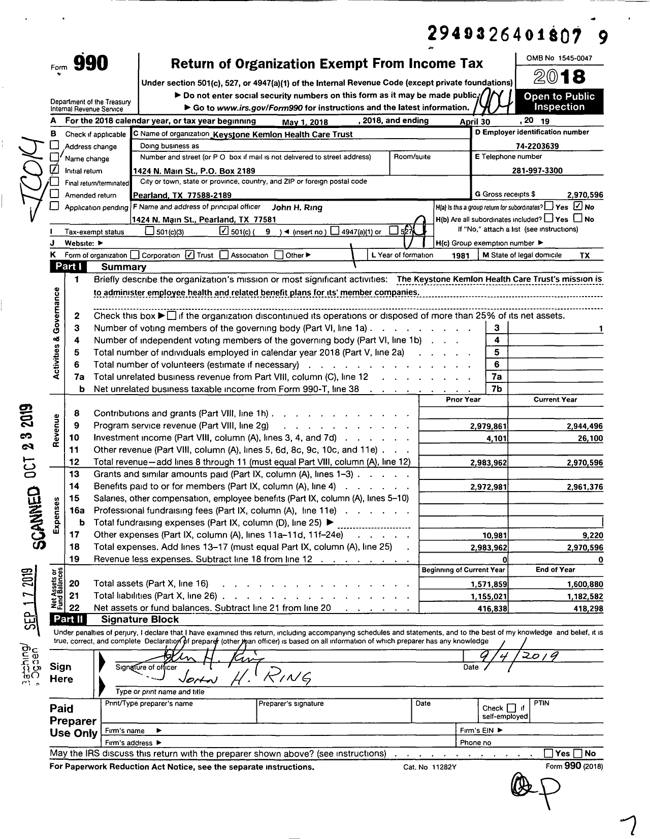 Image of first page of 2018 Form 990O for Keystone Kemlon Health Care Trust