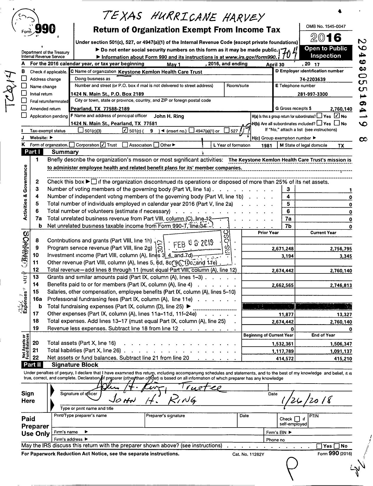 Image of first page of 2016 Form 990O for Keystone Kemlon Health Care Trust