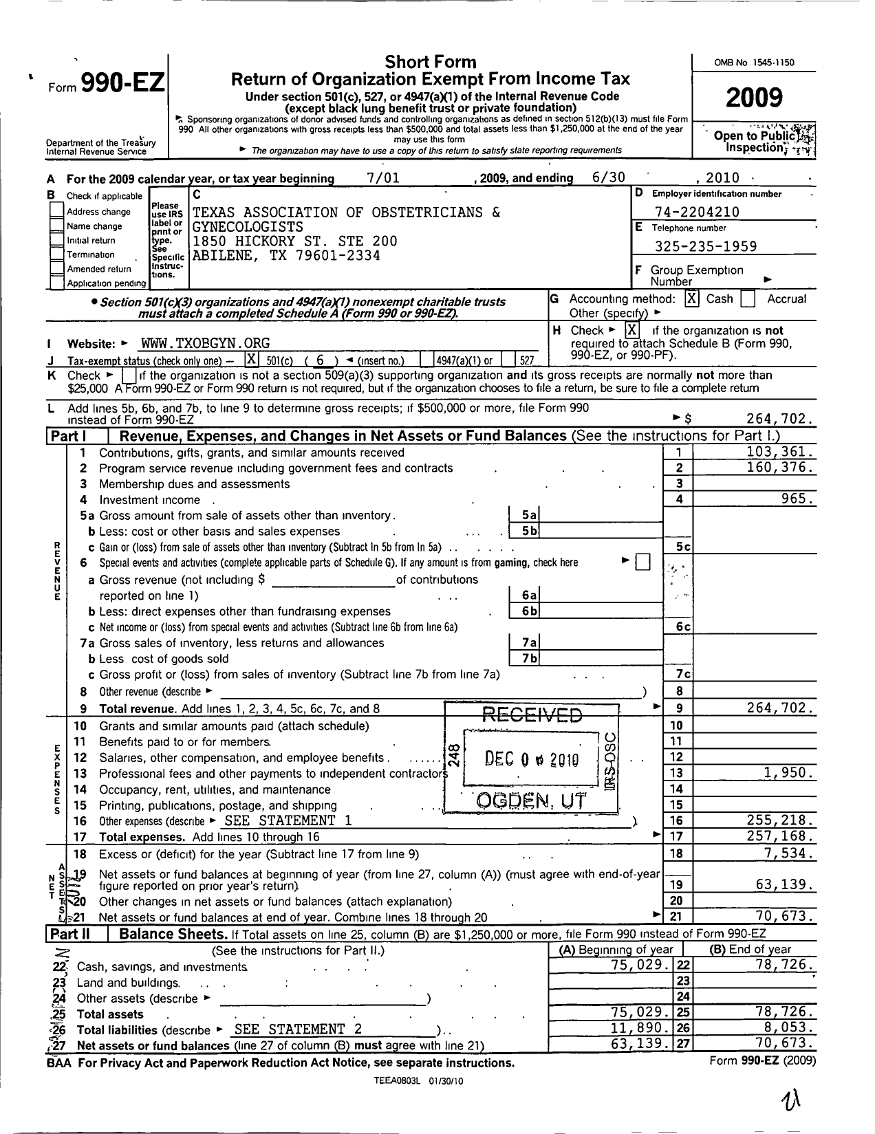 Image of first page of 2009 Form 990EO for Texas Association of Obstetricians and Gynecologists