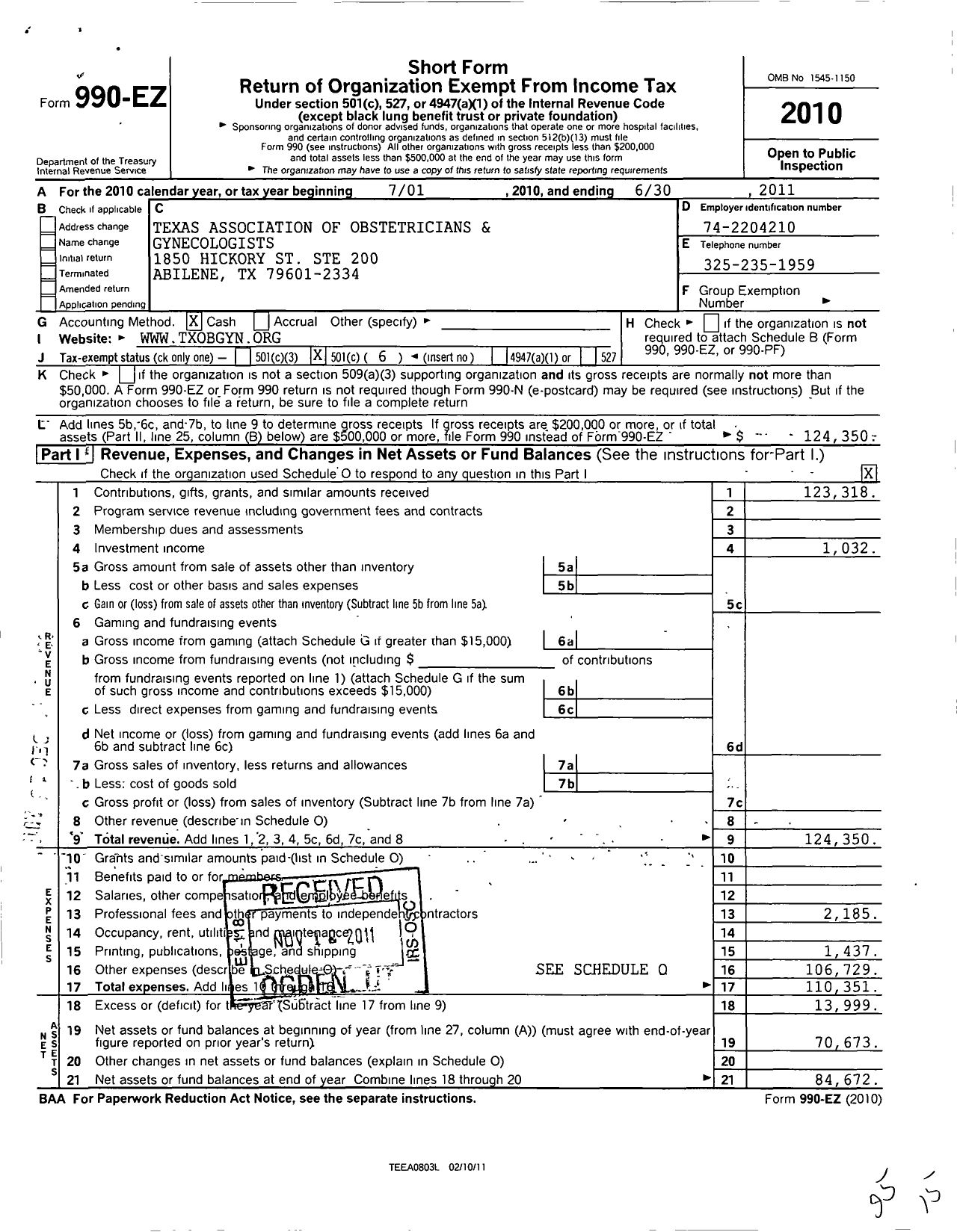 Image of first page of 2010 Form 990EO for Texas Association of Obstetricians and Gynecologists