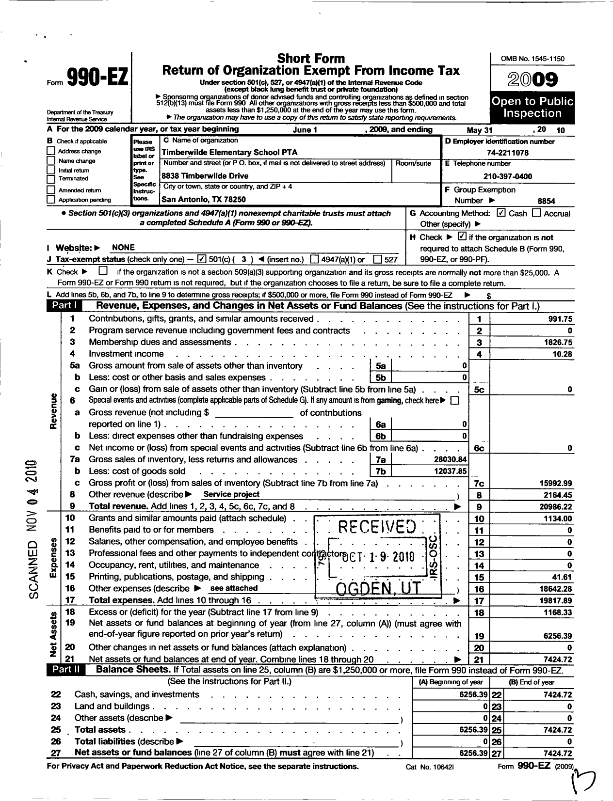 Image of first page of 2009 Form 990EZ for Texas PTA - 8854 Timberwilde Elementary