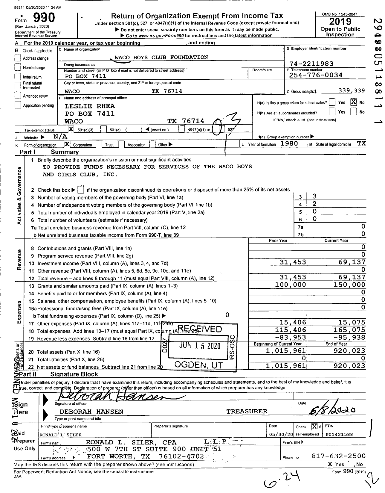 Image of first page of 2019 Form 990 for Waco Boys Club Foundation