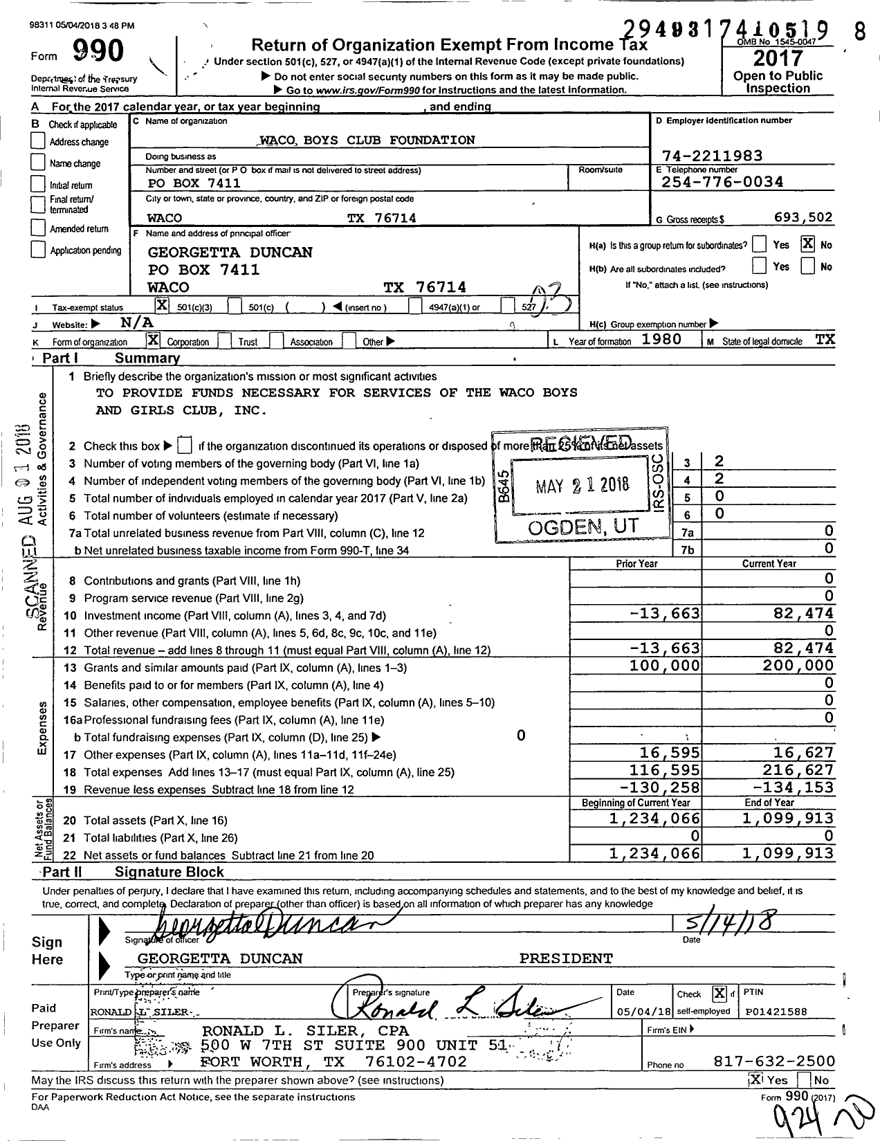 Image of first page of 2017 Form 990 for Waco Boys Club Foundation