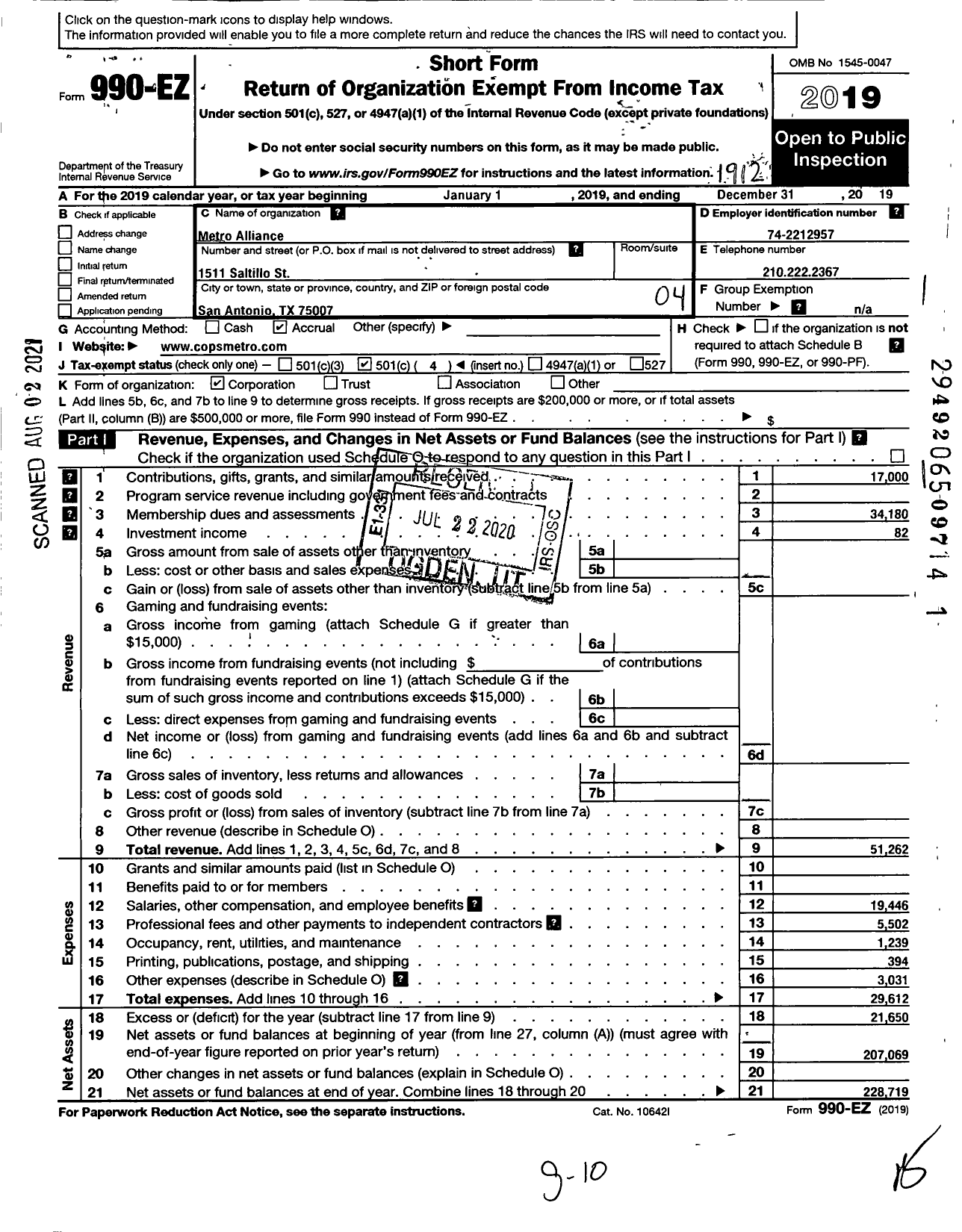 Image of first page of 2019 Form 990EO for Metro Alliance