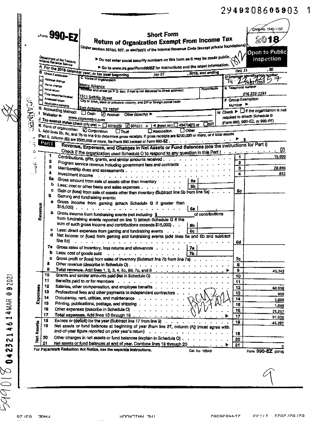 Image of first page of 2018 Form 990EO for Metro Alliance