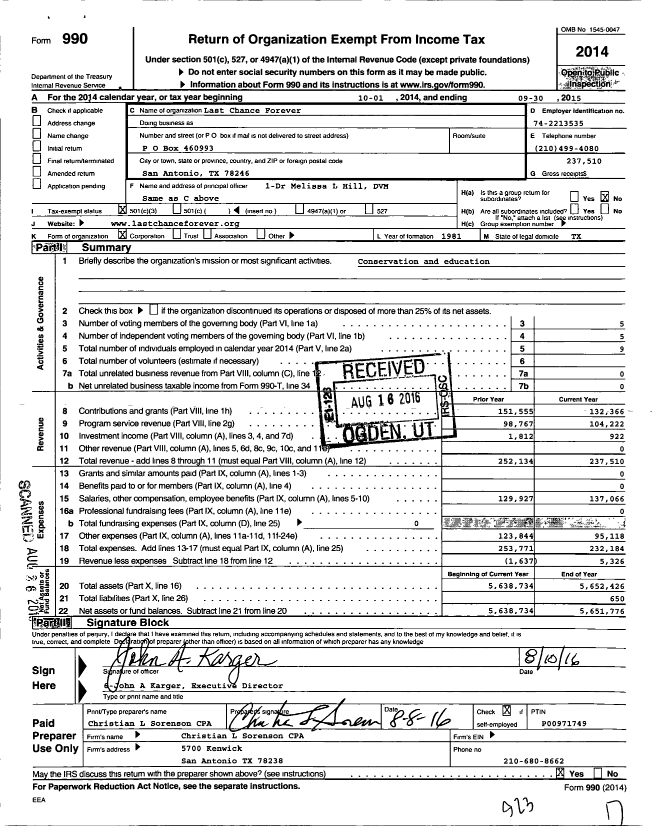 Image of first page of 2014 Form 990 for Last Chance Forever