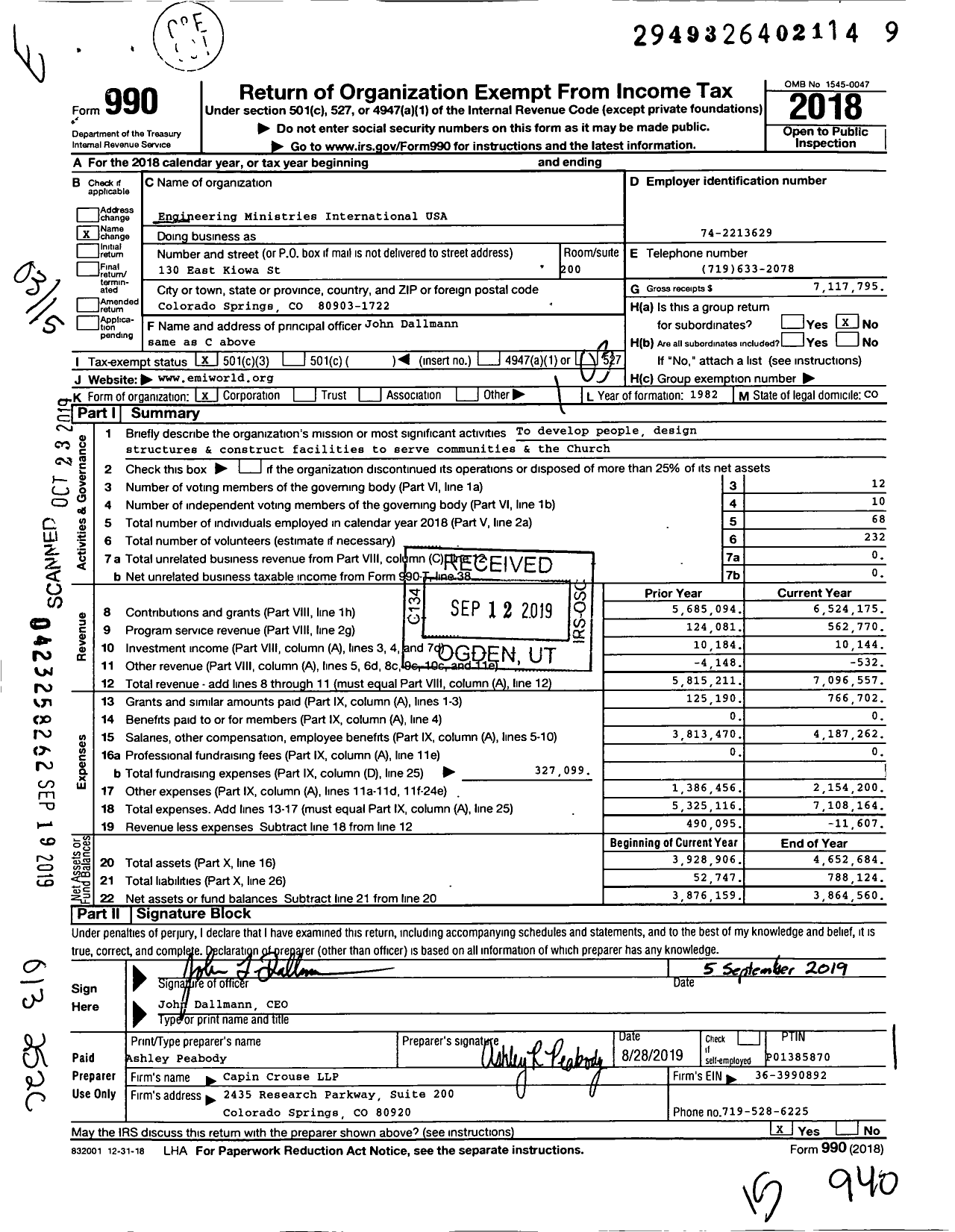 Image of first page of 2018 Form 990 for Engineering Ministries International USA (EMI)