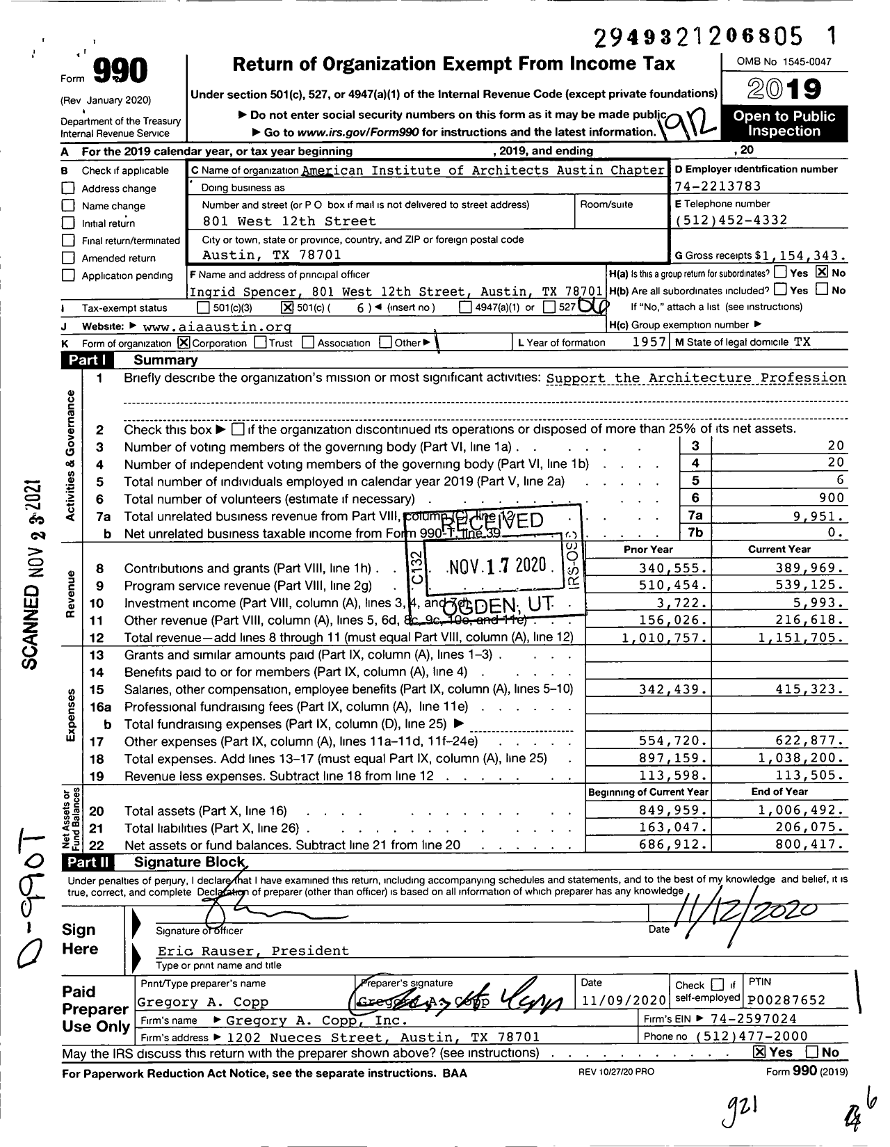 Image of first page of 2019 Form 990O for American Institute of Architects Austin Chapter