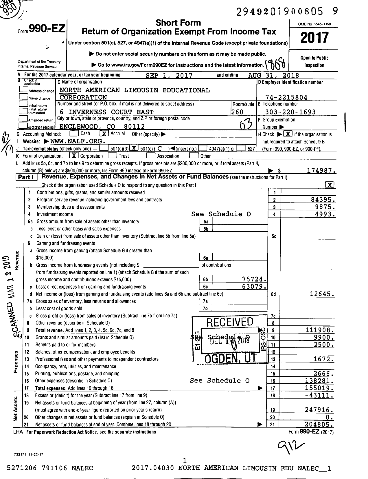 Image of first page of 2017 Form 990EZ for North American Limousin Educational Corporation