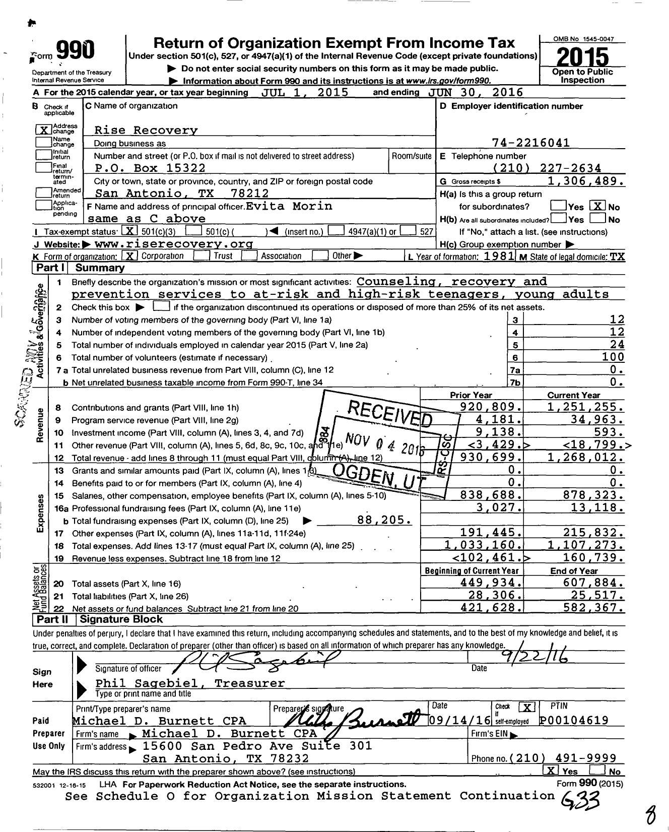 Image of first page of 2015 Form 990 for Rise Recovery