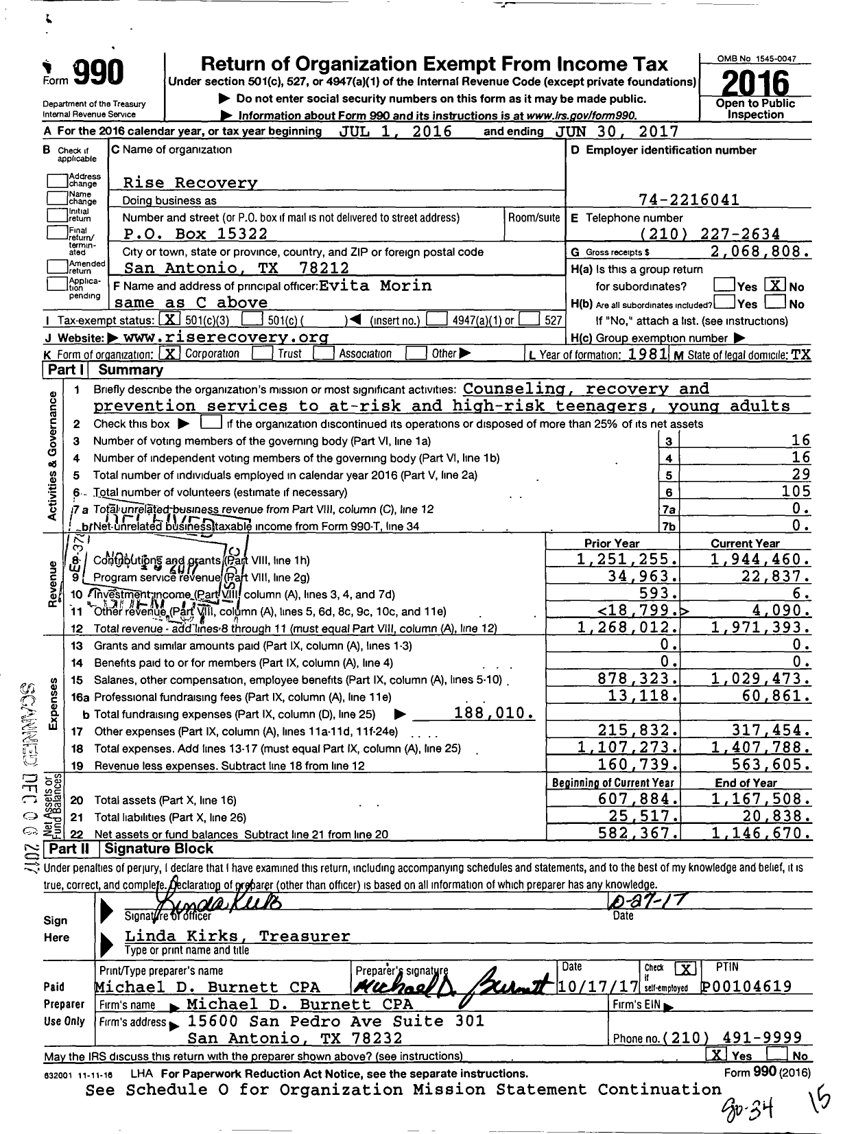 Image of first page of 2016 Form 990 for Rise Recovery