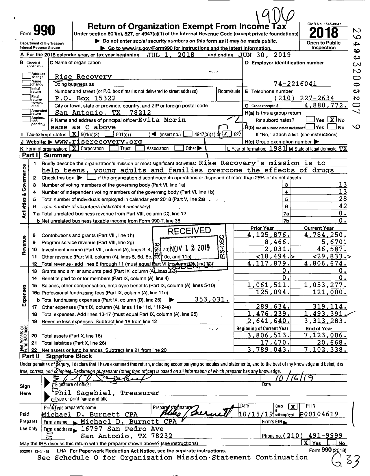 Image of first page of 2018 Form 990 for Rise Recovery