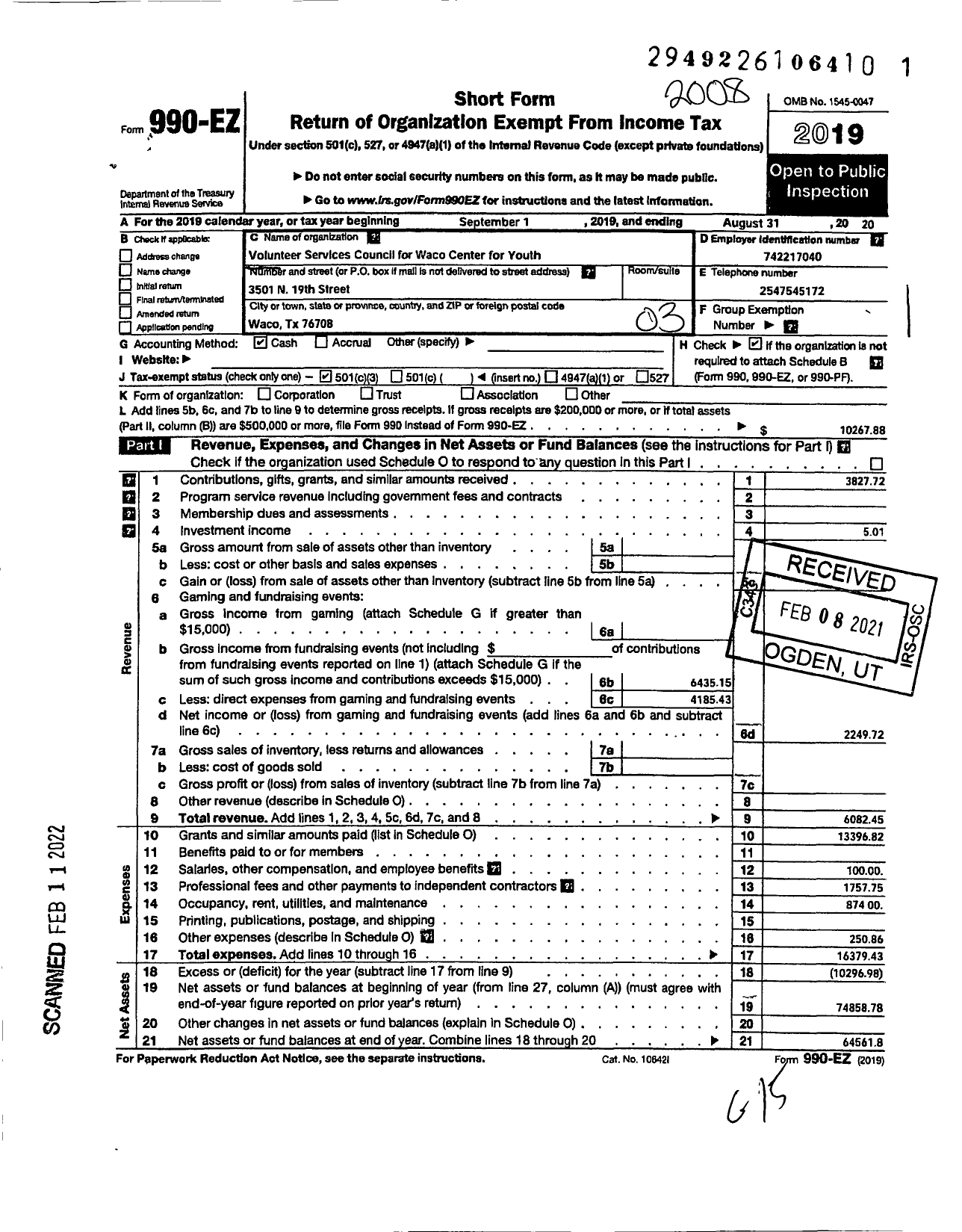 Image of first page of 2019 Form 990EZ for Volunteer Services Council for the Waco Center for Youth