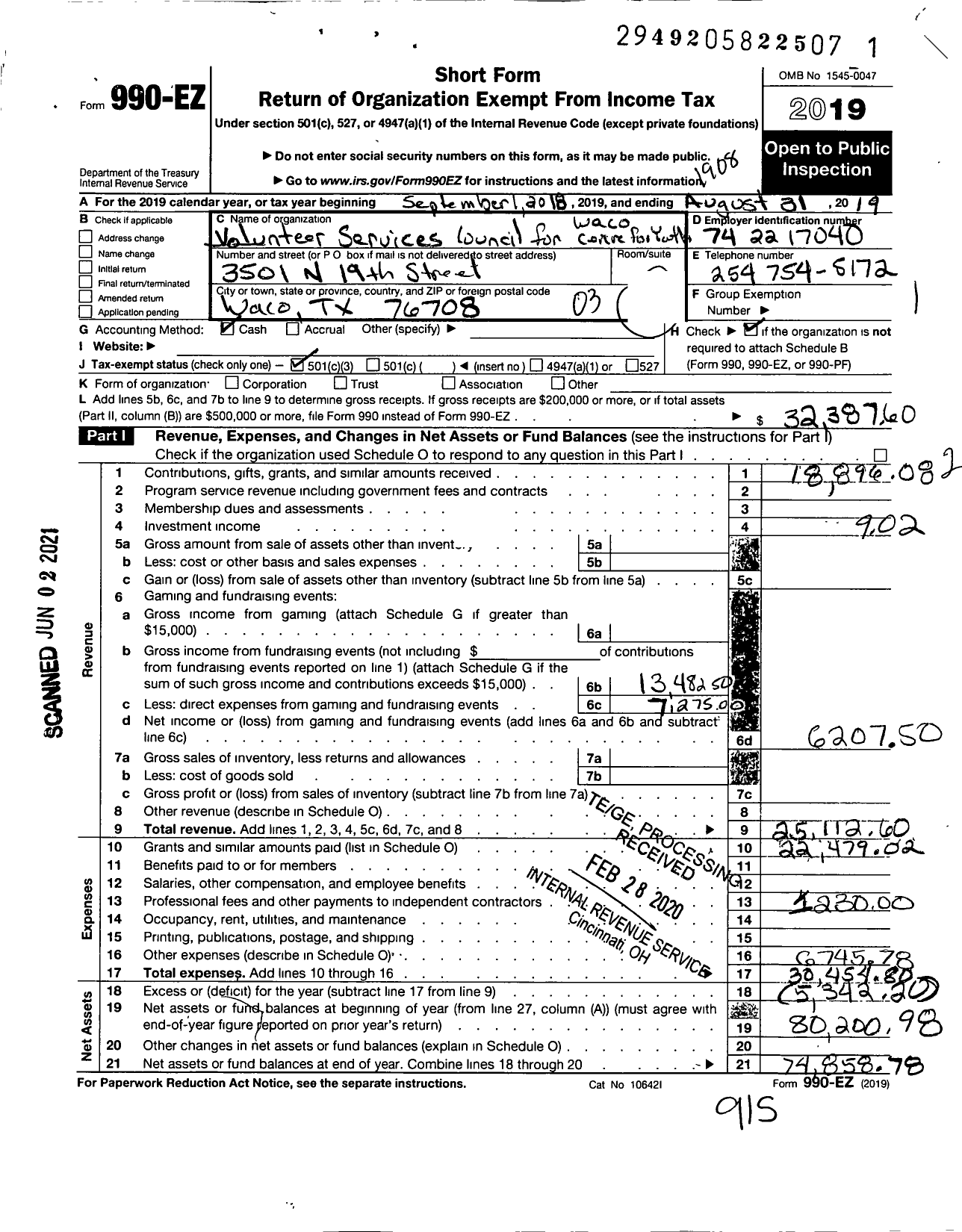 Image of first page of 2018 Form 990EZ for Volunteer Services Council for the Waco Center for Youth