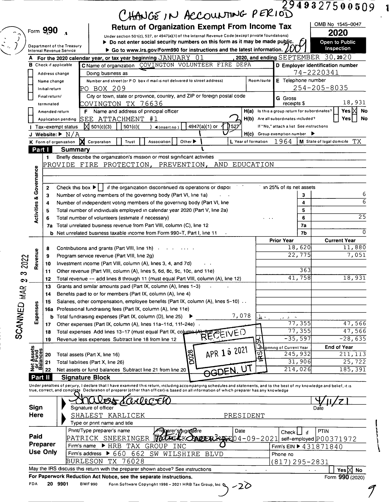 Image of first page of 2019 Form 990 for Covington Volunteer Fire Department